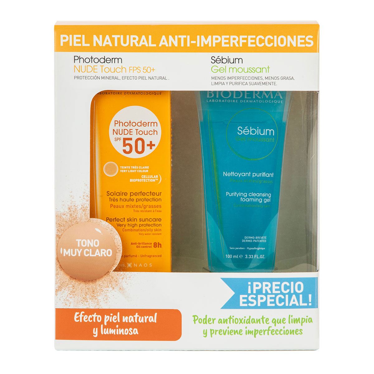 KIT Bioderma Photoderm Nude Touch SPF50+ Tono Muy Claro, 40 ml + Sébium Gel Moussant 100 ml
