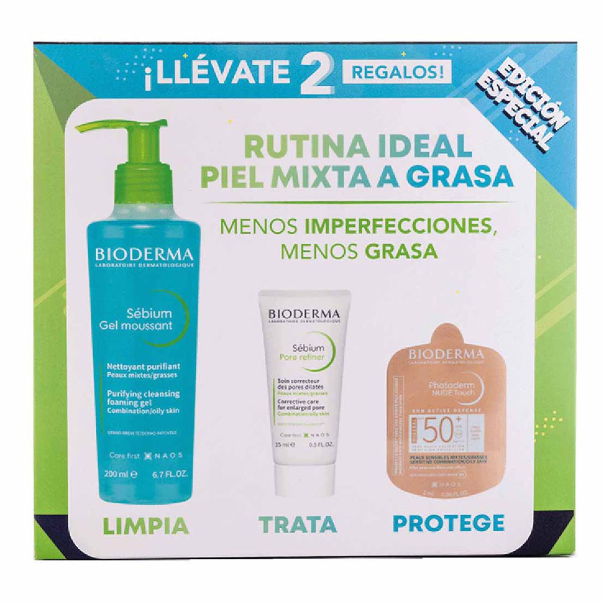 Pack Bioderma Sébium Gel moussant + Sebium Pore refiner + Mini Photoderm Nude Touch Claro