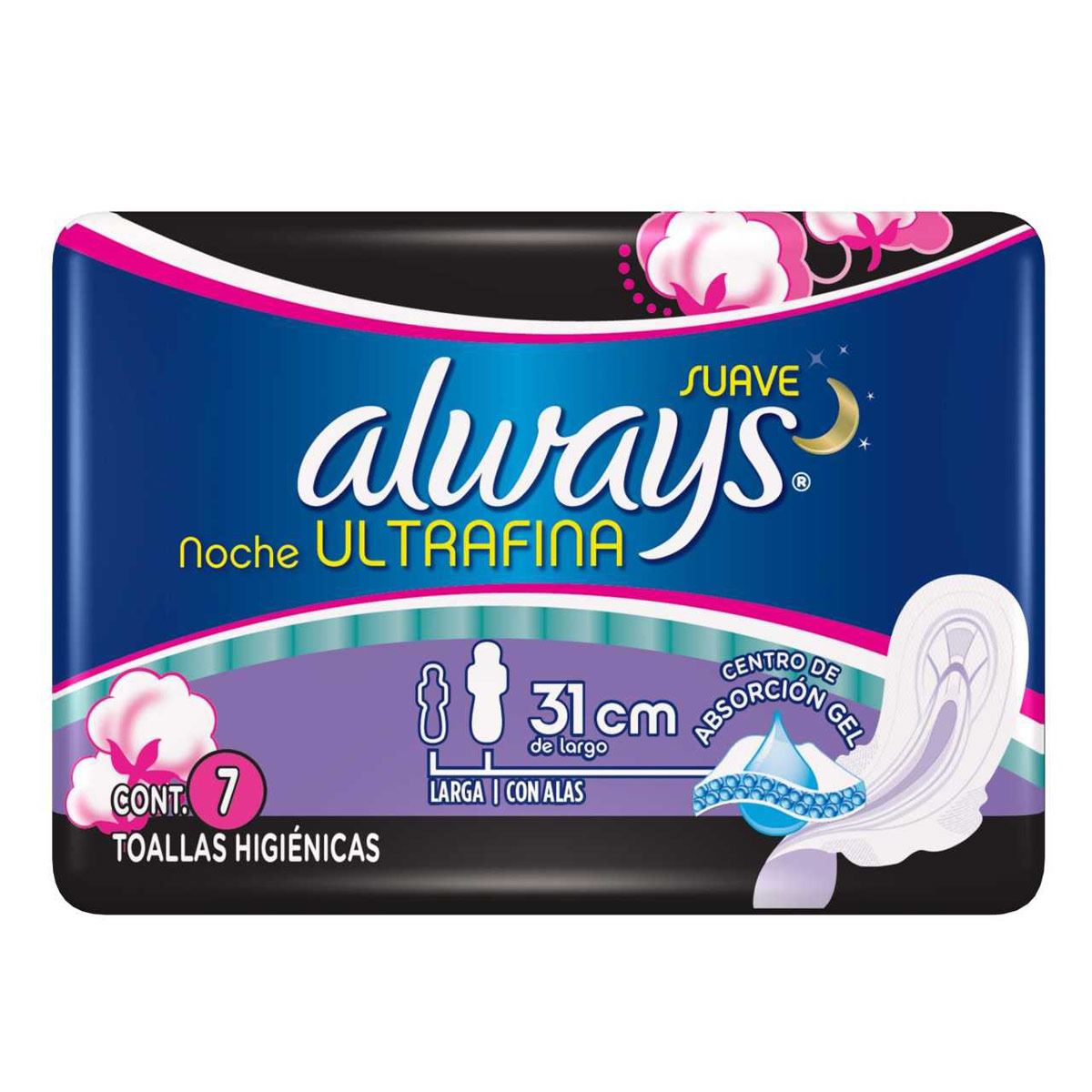 Toallas Sanitarias Ultra Fina Nocturna con alas con 7 Always