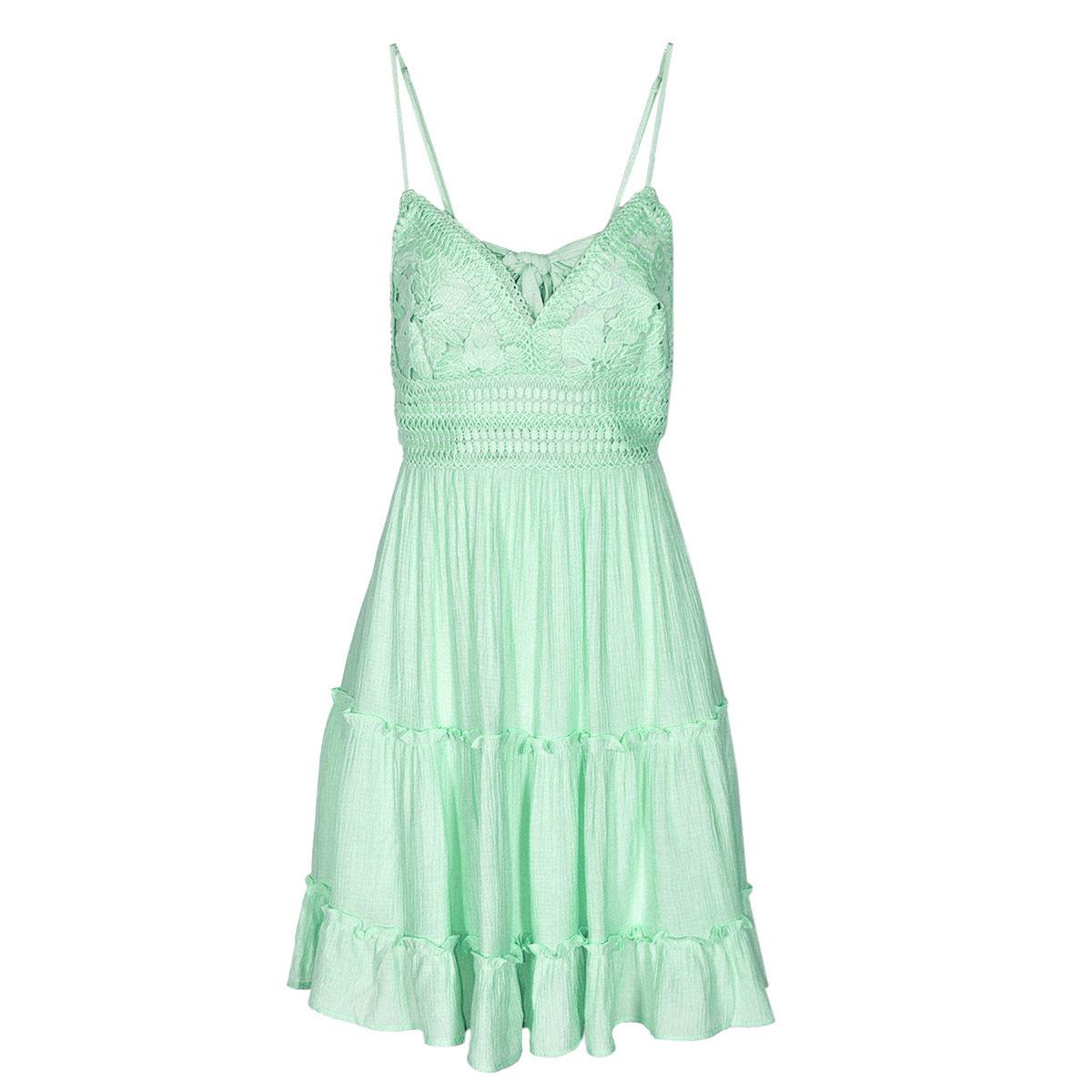 Vestidos de falda plisada completa con lazo de cinturón y escote en V Verde Menta