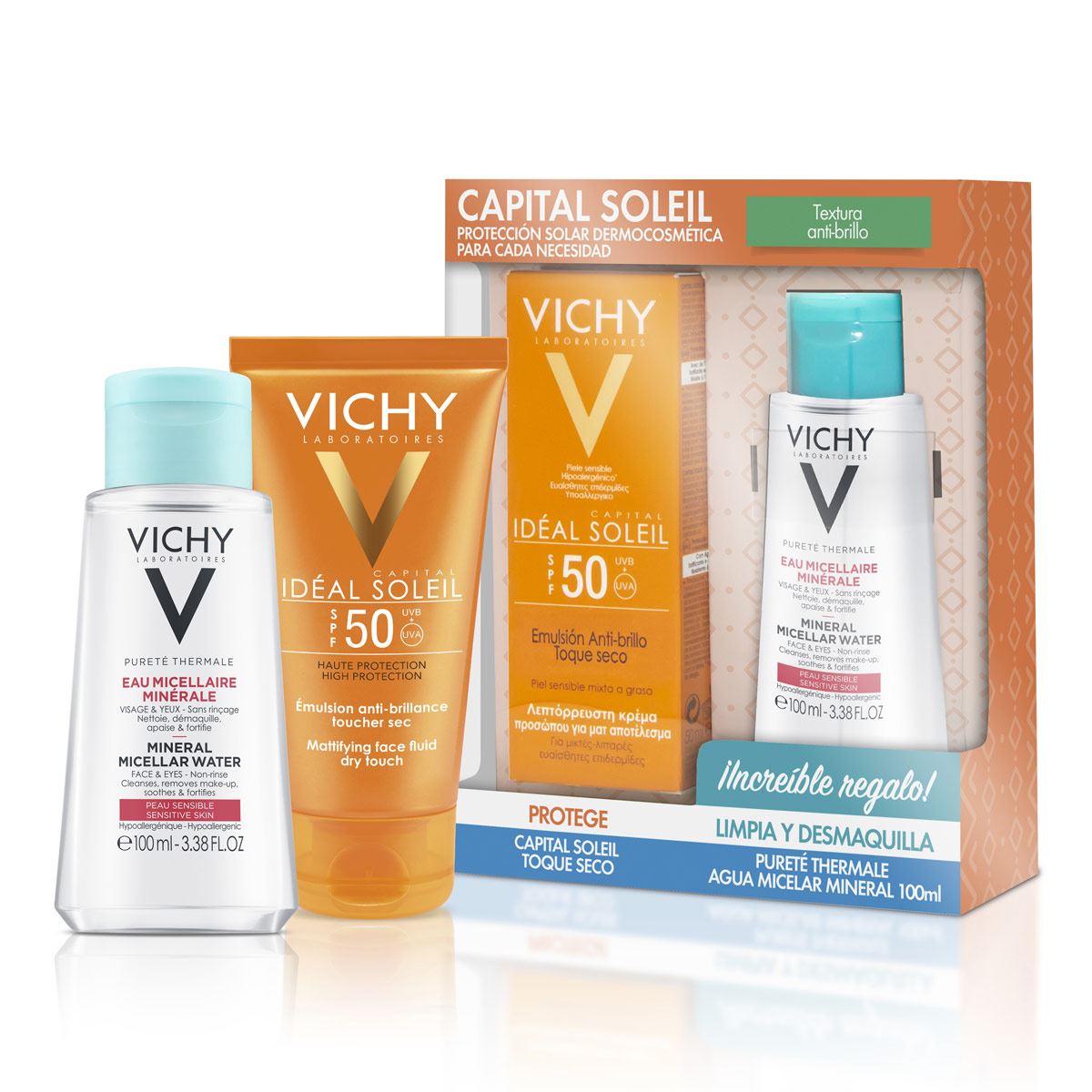Kit Vichy protección solar capital soleil toque seco FPS50