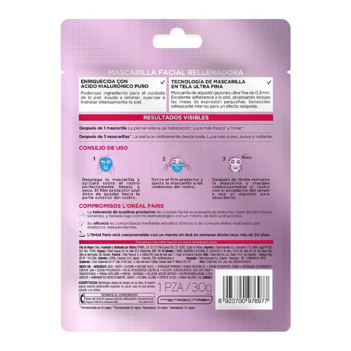 Mascarilla facial en tela L'Oréal Paris Revitalift ácido hialurónico 1 pza 30 g