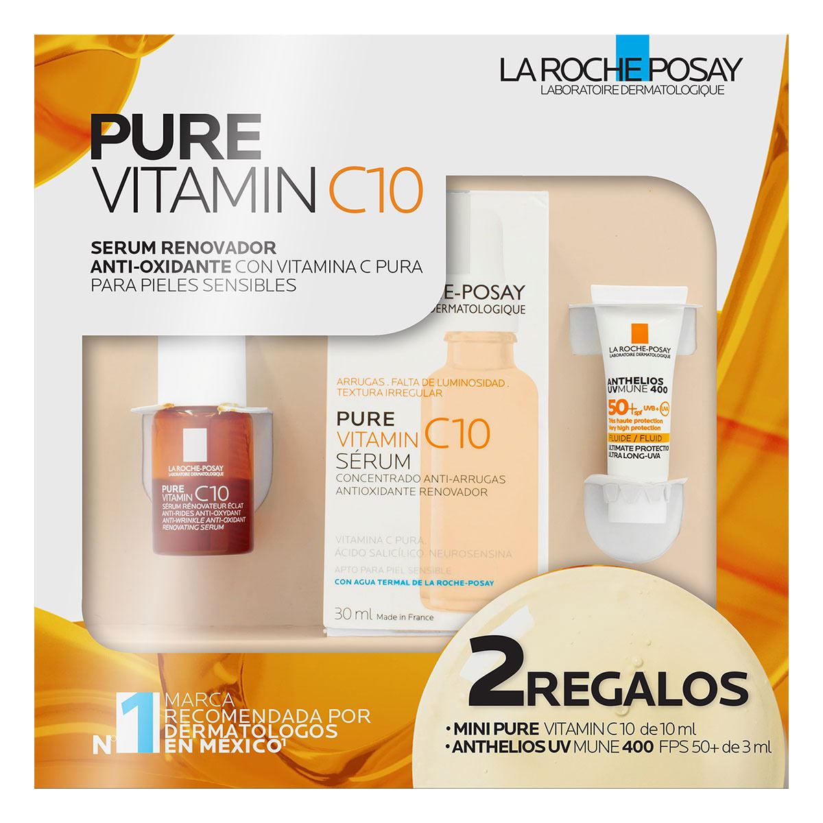 La Roche Posay Kit de serum facial anti-oxidante para pieles sensibles con Vitamina C Pura + desmaquillante + bloqueador solar de regalo