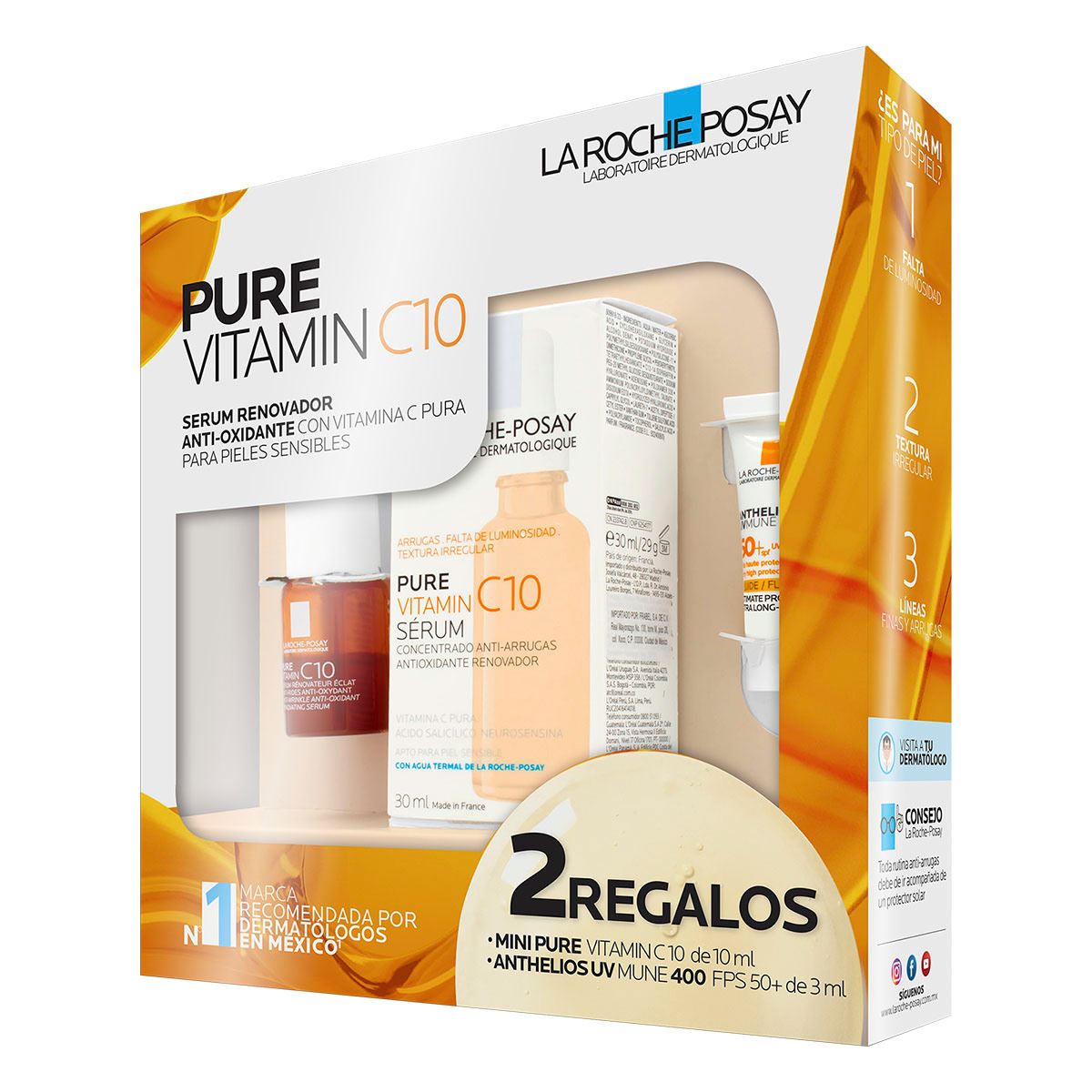 La Roche Posay Kit de serum facial anti-oxidante para pieles sensibles con Vitamina C Pura + desmaquillante + bloqueador solar de regalo