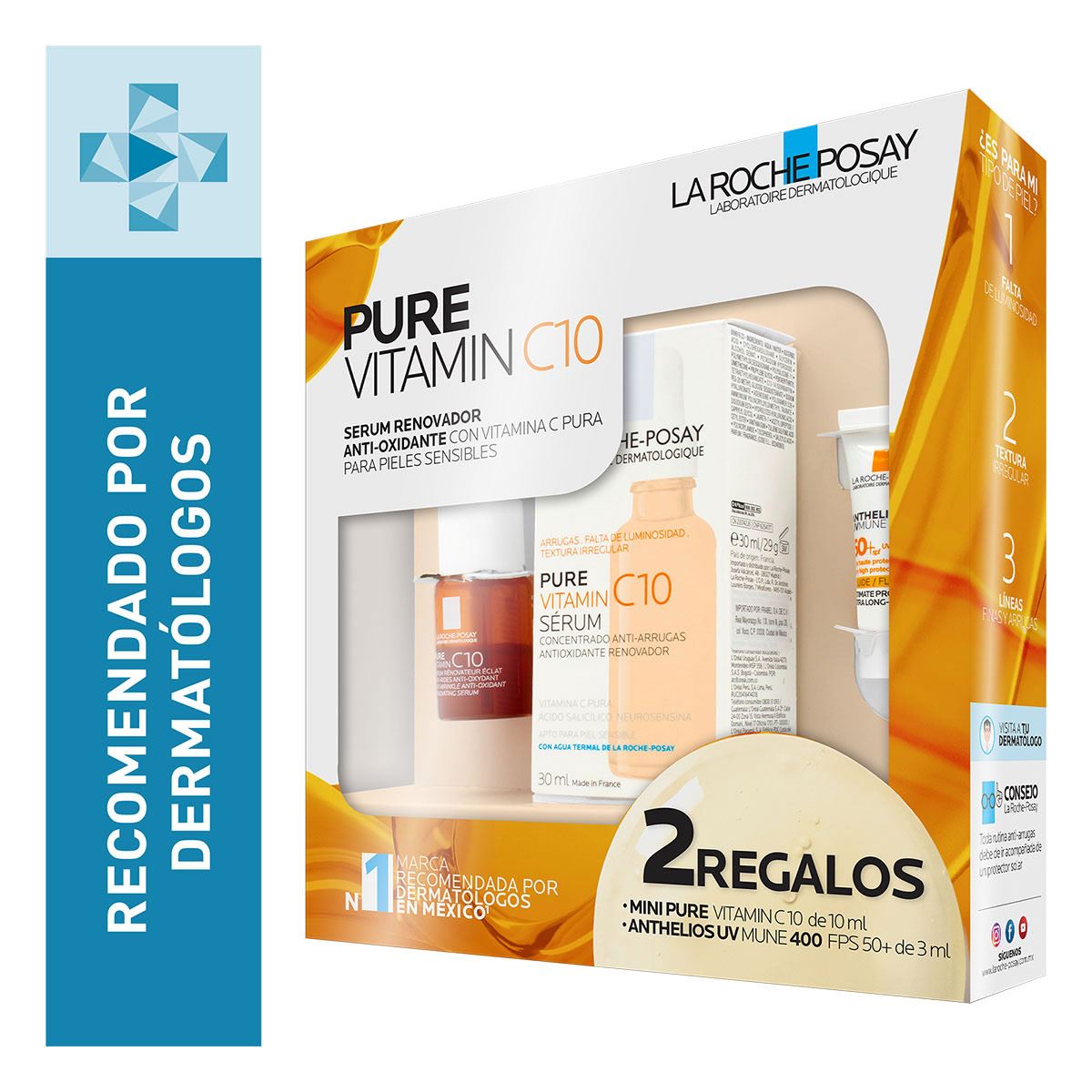 La Roche Posay Kit de serum facial anti-oxidante para pieles sensibles con Vitamina C Pura + desmaquillante + bloqueador solar de regalo