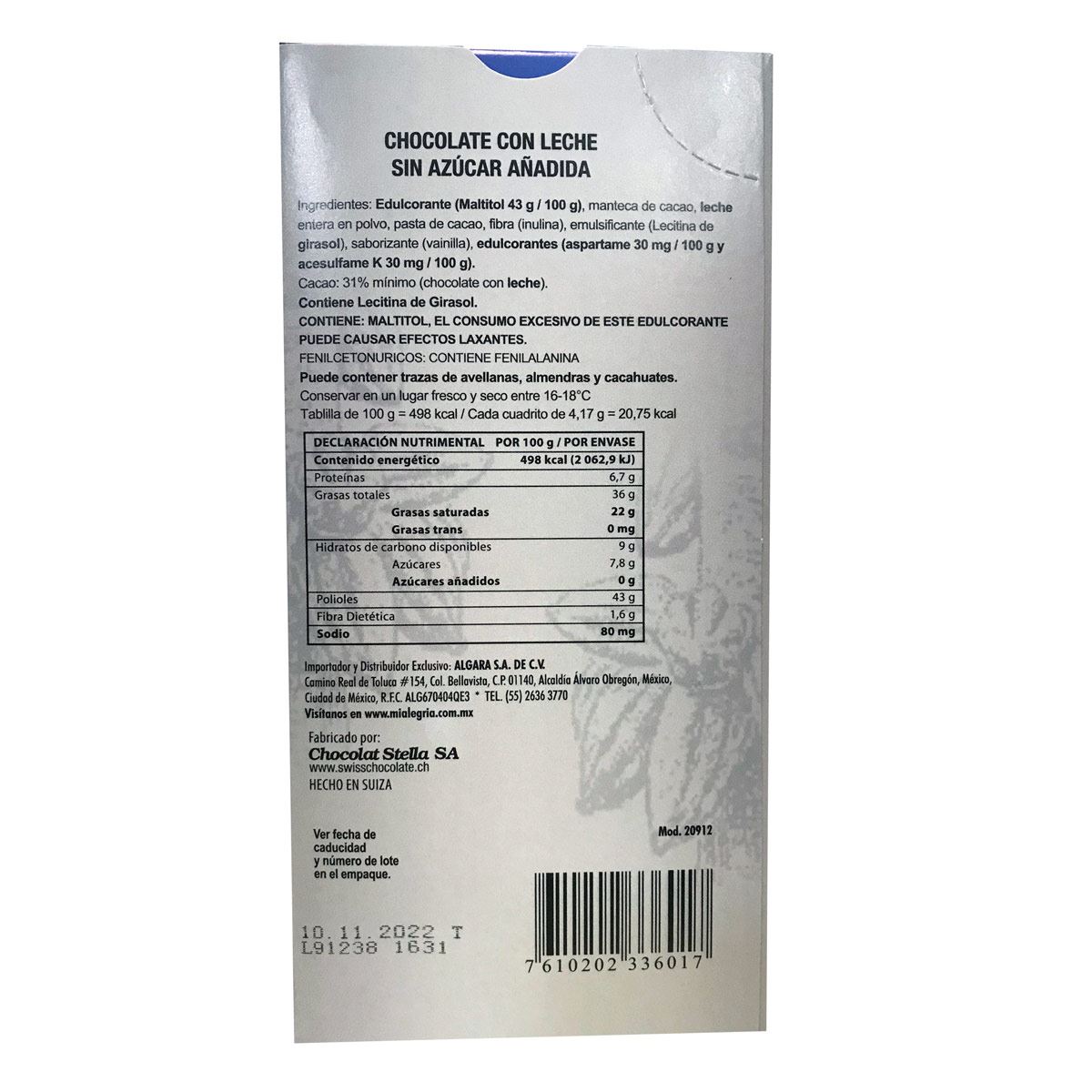 Chocolate Stella Leche Sin Azúcar 100 grs