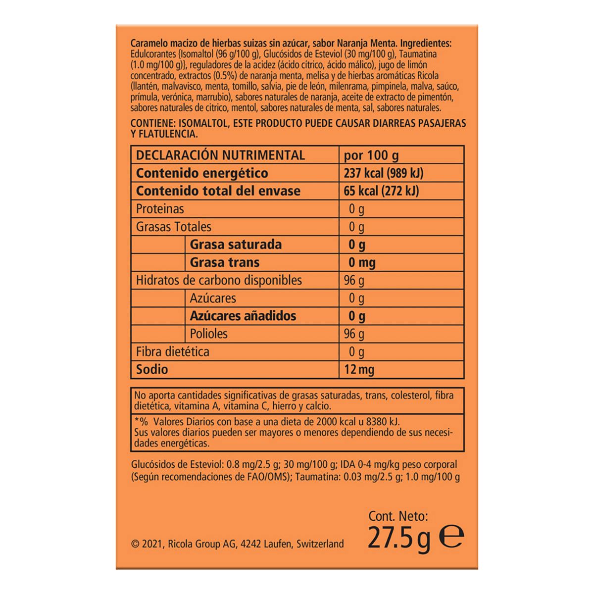 Ricola Naranja/Menta sin azúcar 27.5g