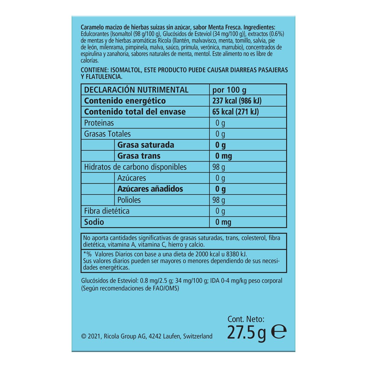 Ricola Menta fresca sin azúcar 27.5g