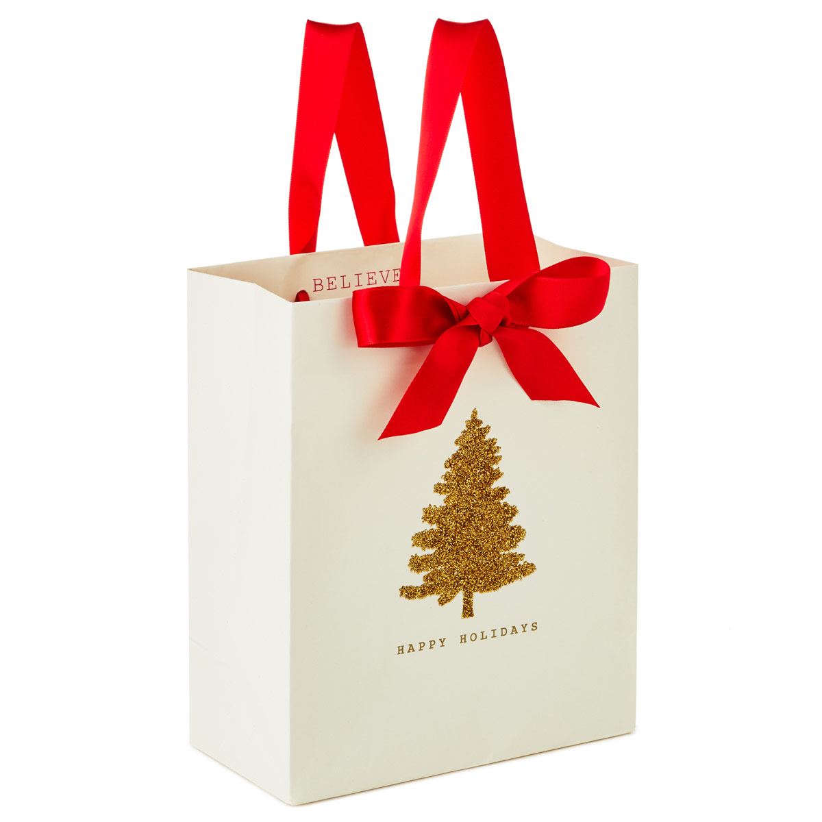 Bolsa de Regalo Navideña Árbol de oro con moño rojo