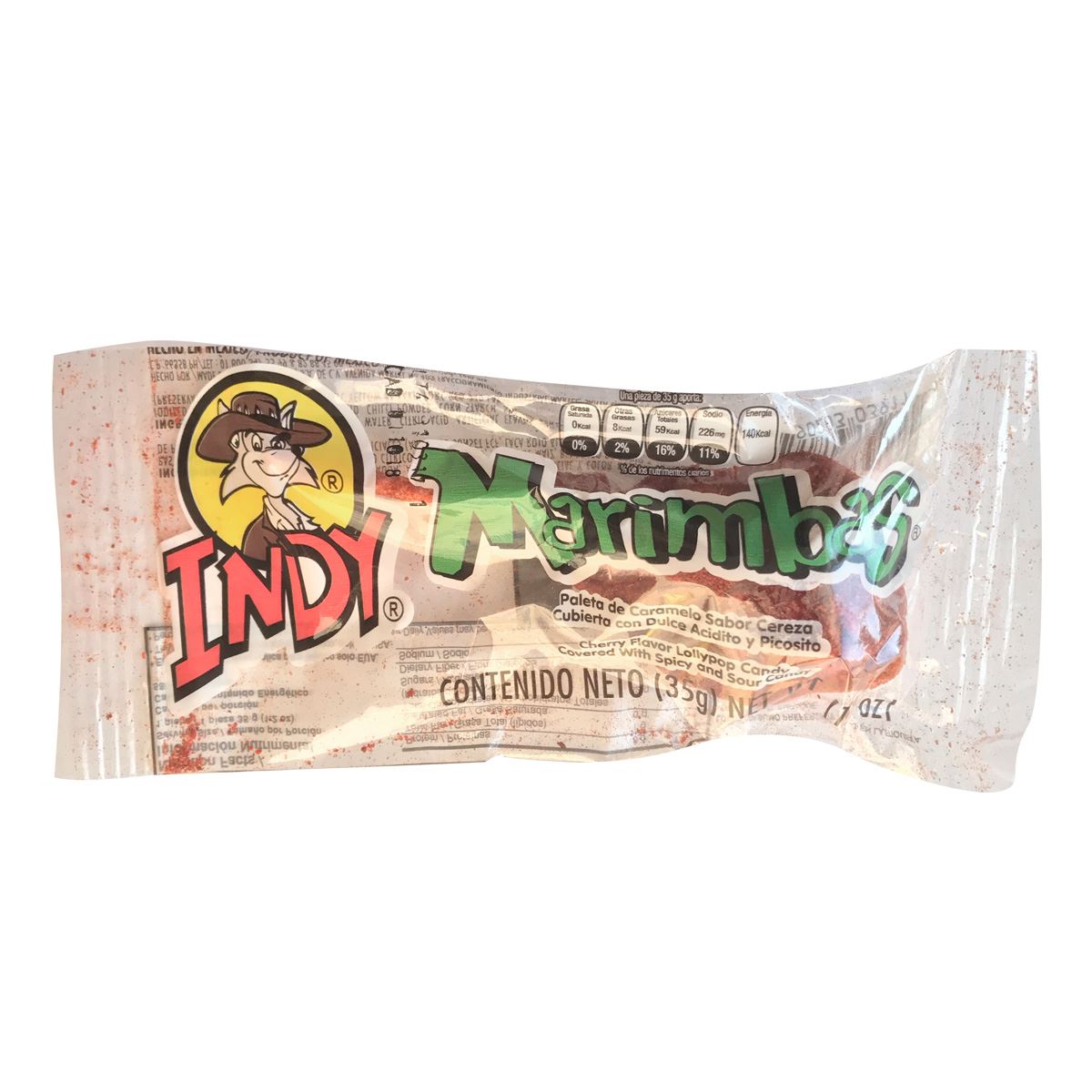 Paleta de Caramelo Sabor Cereza Cubierta con Picante en Polvo Indy Marimbas 35g