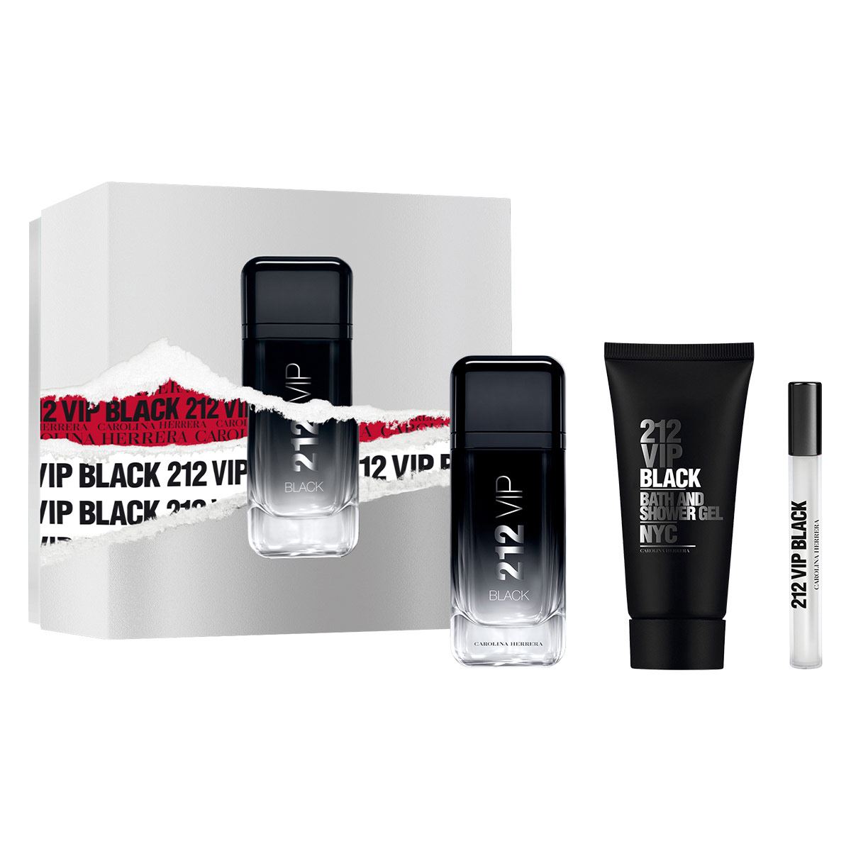 Carolina Herrera 212 VIP BLACK MEN Set Para Caballero Perfume EDP 100ML + Shower Gel 100ML + Perfume de Bolsillo
