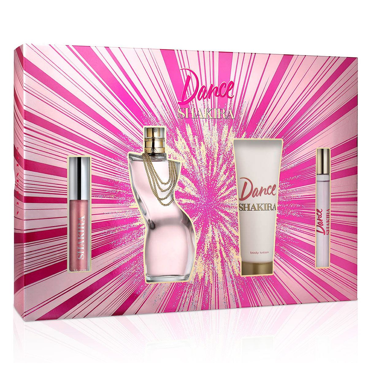 Set para dama, Shakira, Dance EDT 80ML + BODY LOTION 75 ML + TRAVEL SPRAY 10 ML + LIPGLOSS