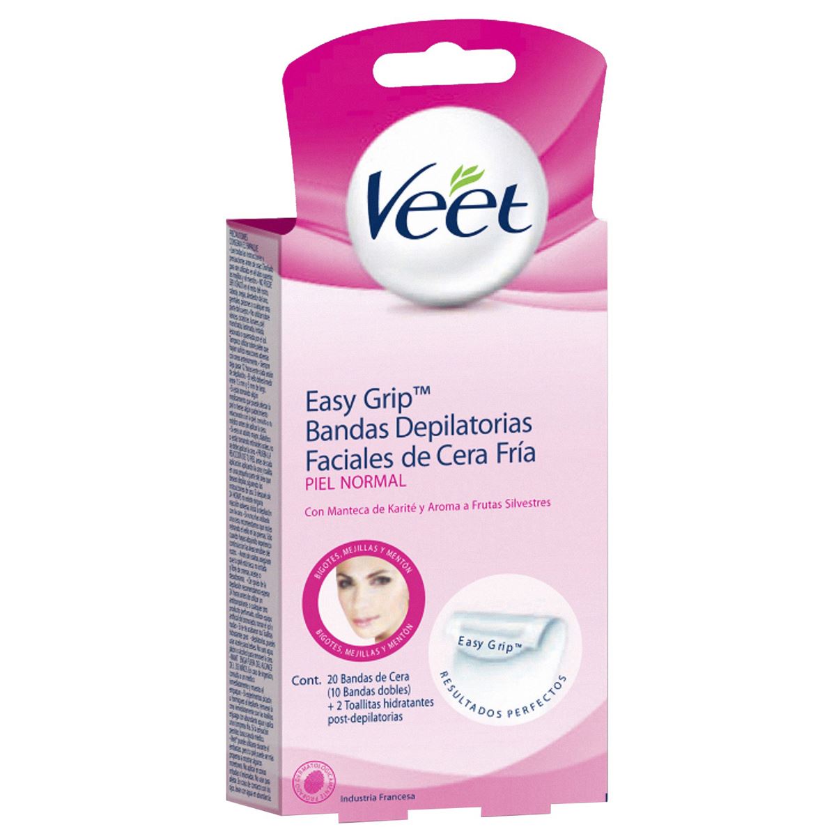 Veet® Easy Grip™ Bandas Depilatorias Faciales de Cera Fria para Piel Normal con 20 Bandas de Cera