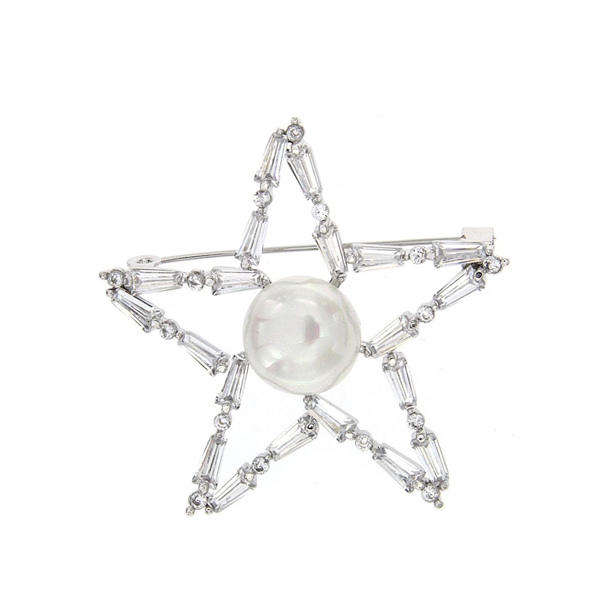Broche estrella con circonita cristal y perla blanca, con acabado en rodio