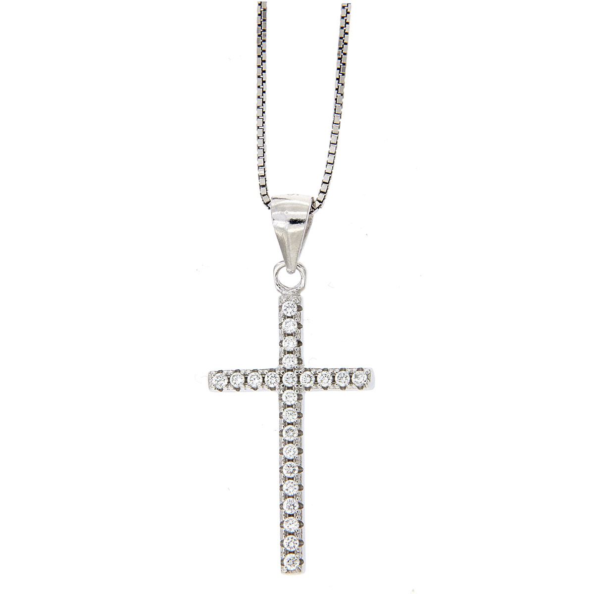 Dije de plata 925 cruz con circonita redonda cristal con cadena acabado en rodio