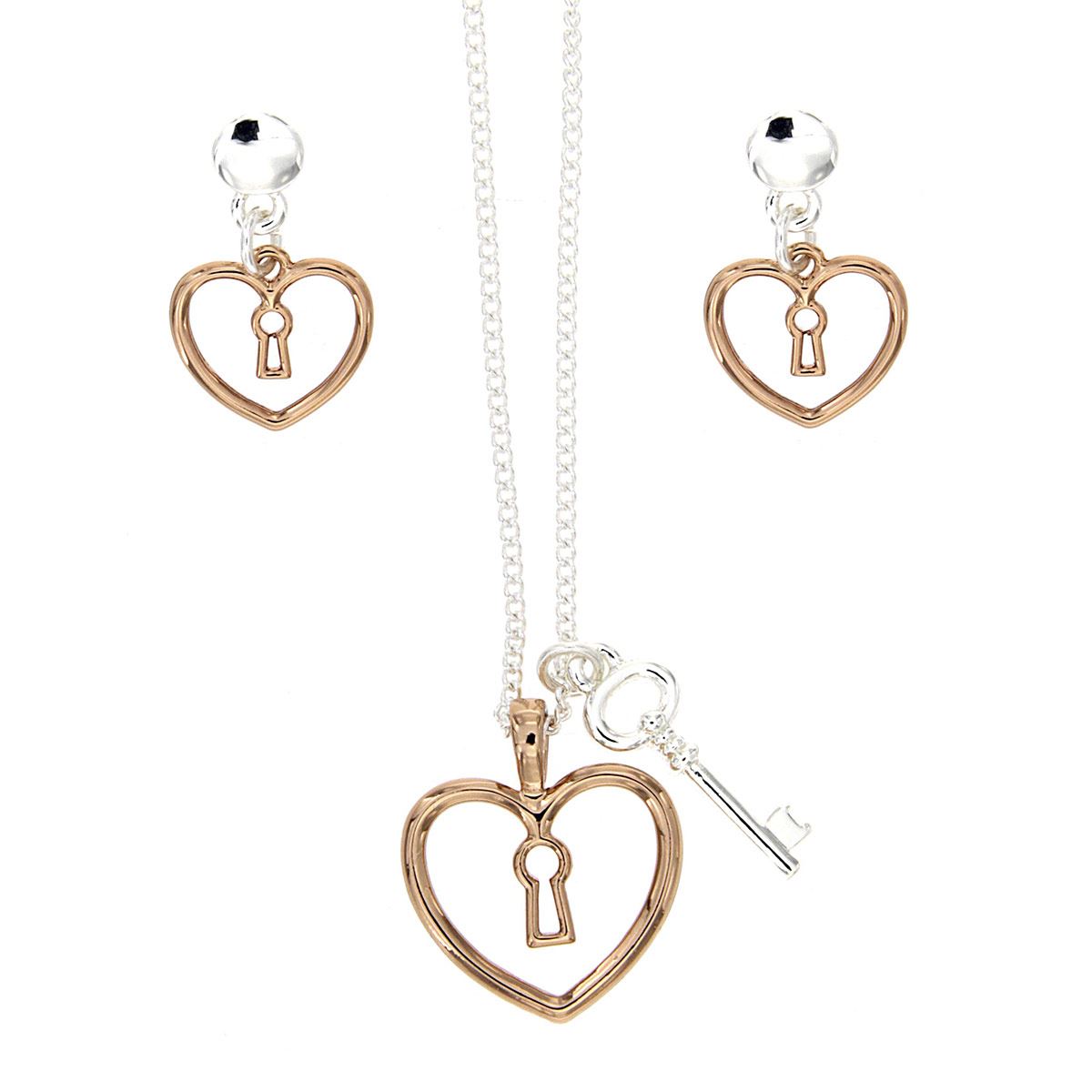 Juego De Arete Coco Cherie Dije Cadena De 42 Cms+4cms De Extensión Corazón Candado+Llave Con Baño Combinado En Chapado Oro Rosa Y Plateado