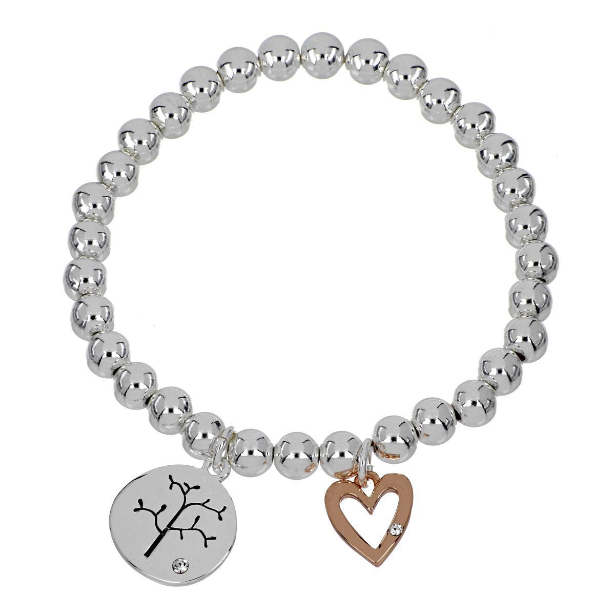 Pulsera Elastica Bolitas Con Baño En Plateado Y Dije corazón Acabado En Chapado Oro Rosa Con Chaton Cristal