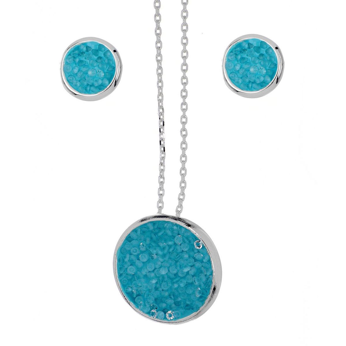 Juego De Arete, Dije, Cadena De 42 Cms+4Cms De Extensión Moonlight Aquamarina Con Baño Plateado