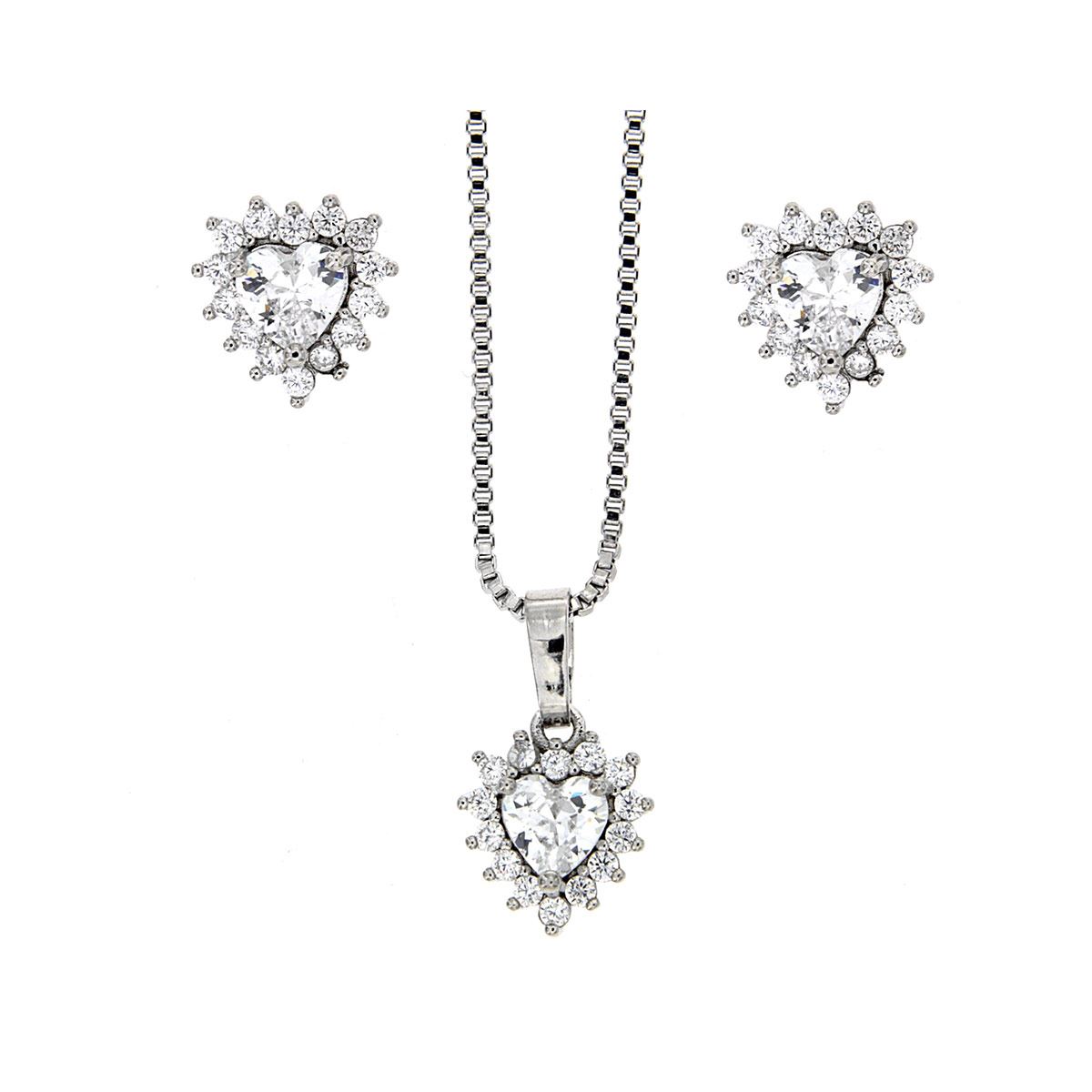 Set Arete+Dije+Cadena Corazon Farfalla Bonetti Con Circonitas Blanca Cristal Con Acabado En Rodio