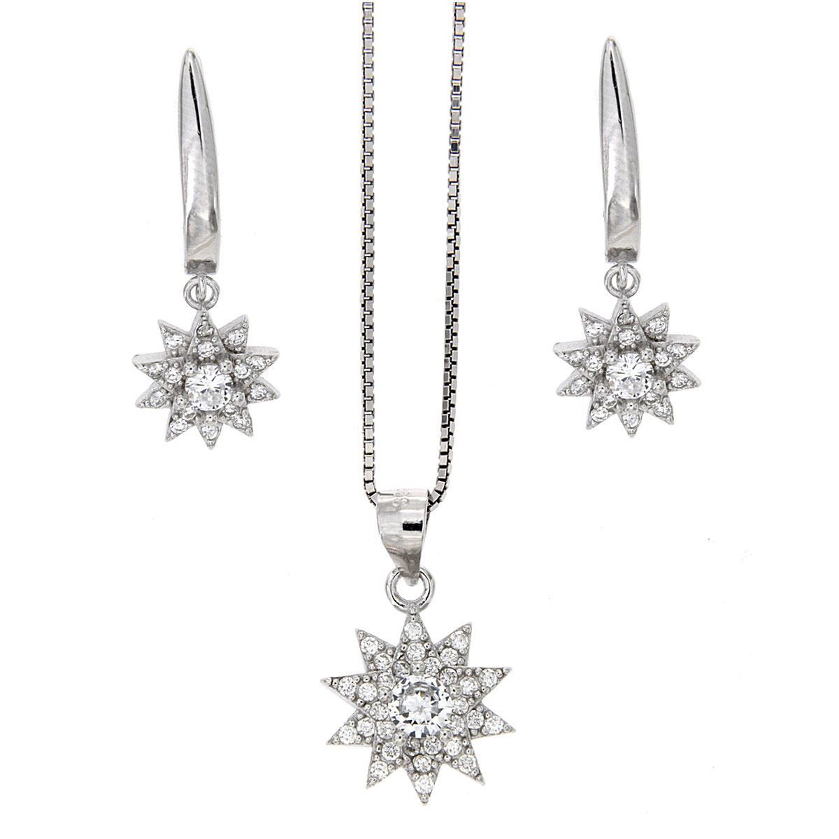 Set Aretes, Dije Y Cadena De Plata 925 Con Estrella Con Circonita Redonda Cristal Acabado En Rodio