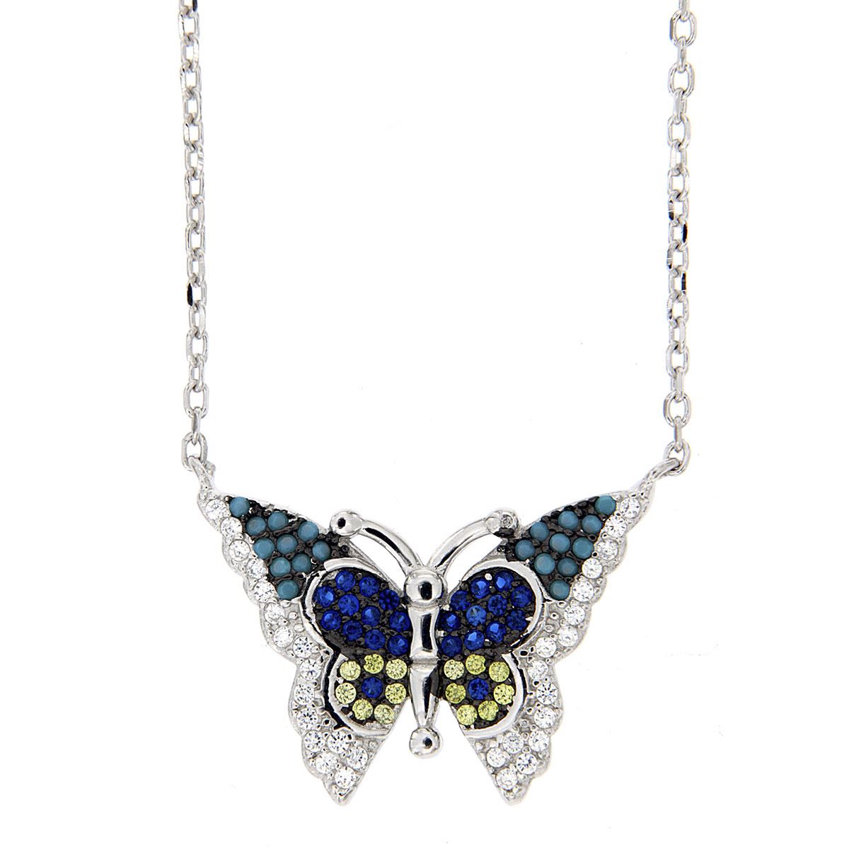 Gargantilla de plata 925 mariposa con piedra en turquesa de safiro, jonquil y cristal acabado en rodio y rutenio
