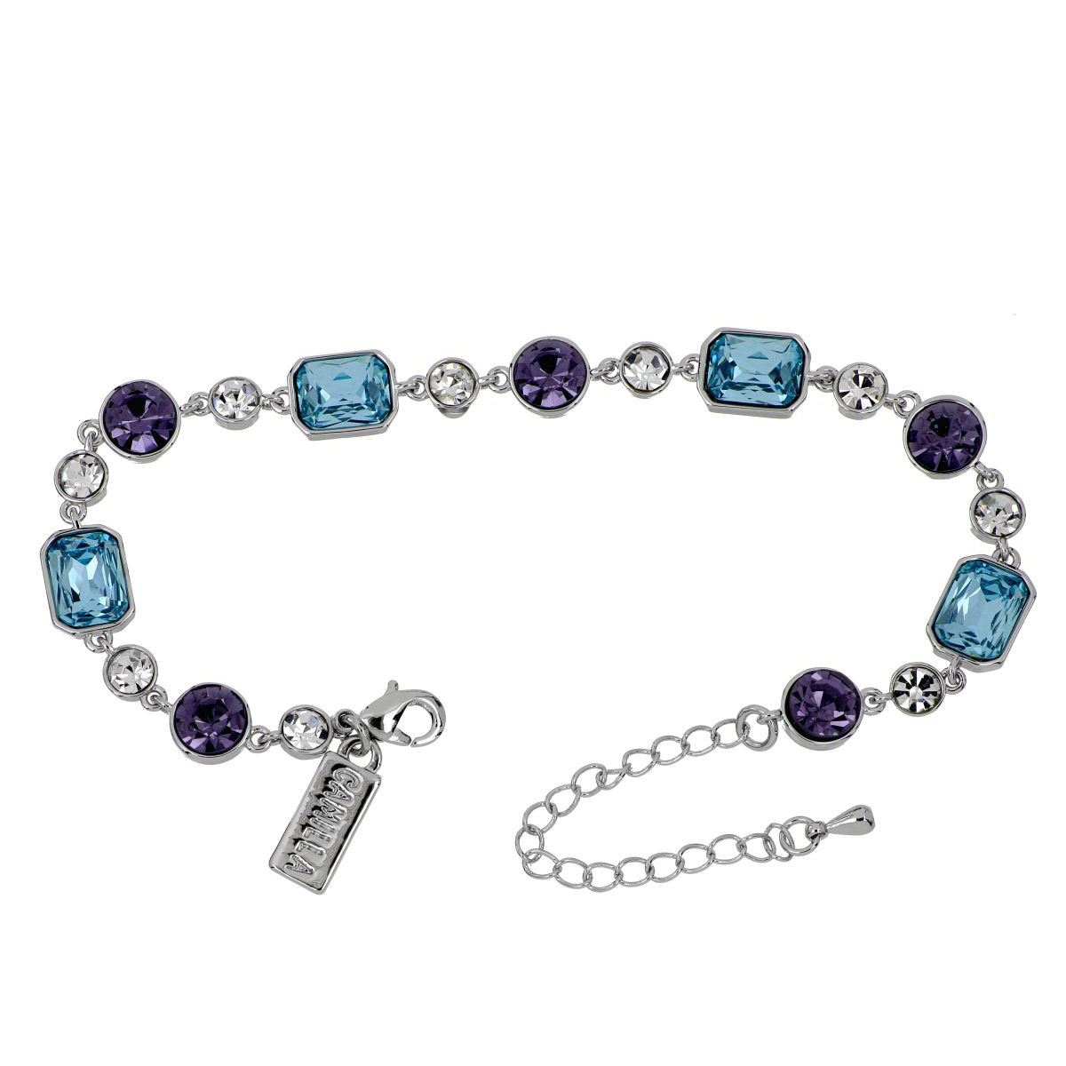 Pulsera cadena Camilla Madrid con piedras rectangular en aqua y tanzanita, acabado en rodio