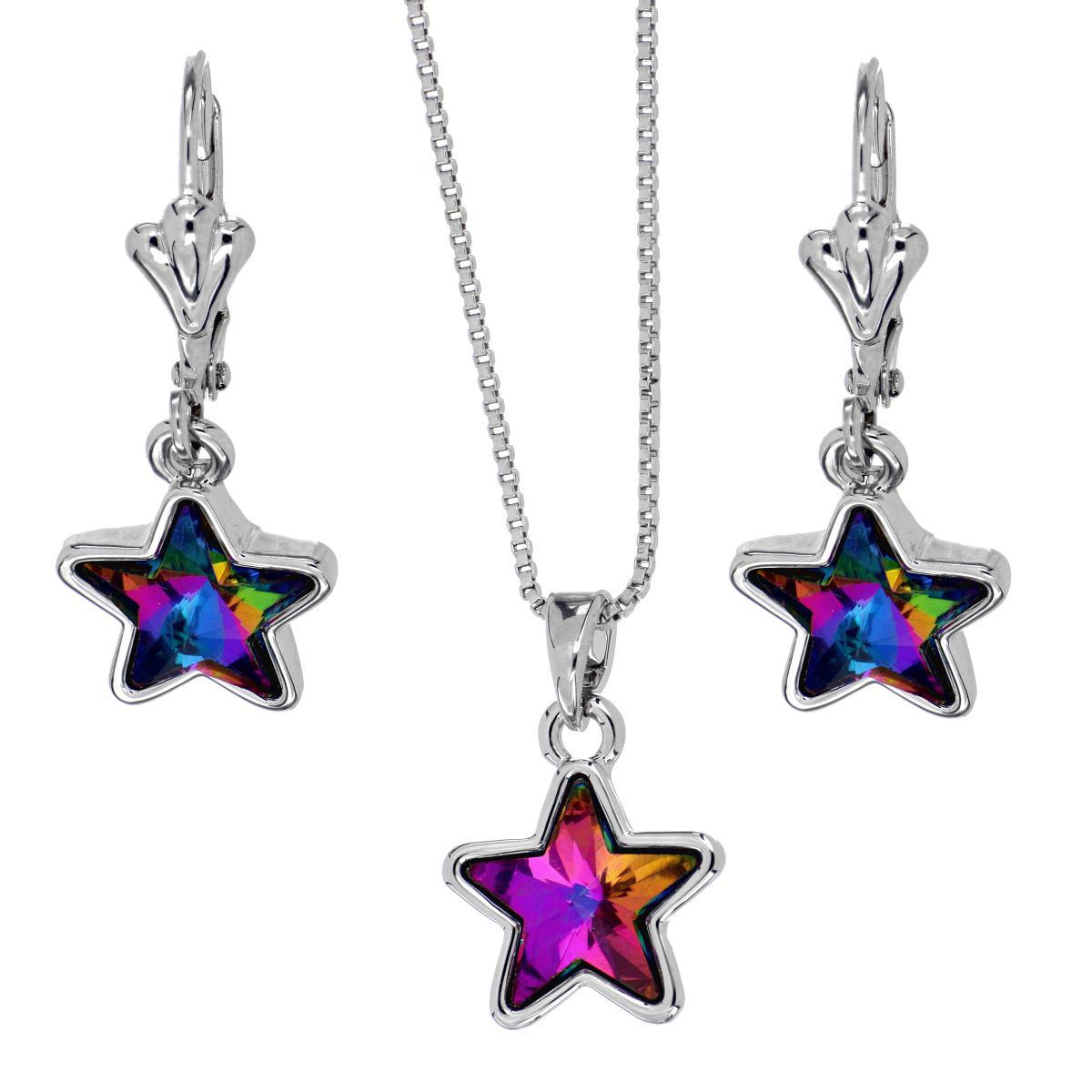 Juego de arete, dije, cadena Camilla Madrid de 42 cm y 4cm de extensión con forma estrella violet blue, con acabado en rodio