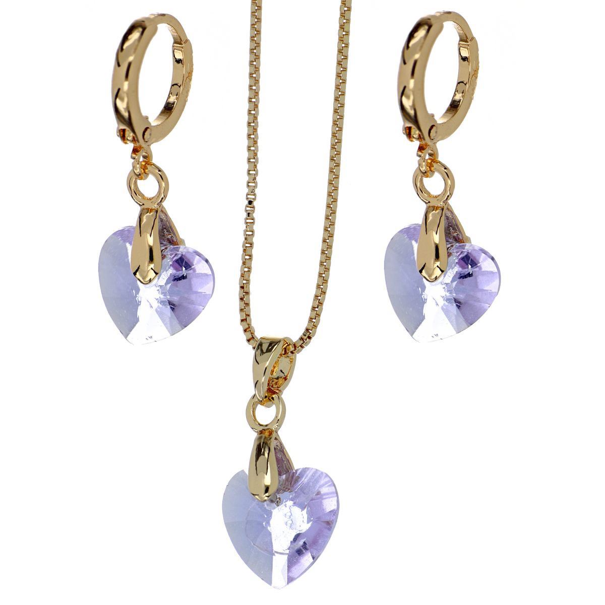 Juego de arete, dije, cadena Camilla Madrid de 42 cms+4cms de extensión con piedra corazón violet con acabado en chapado oro rosa