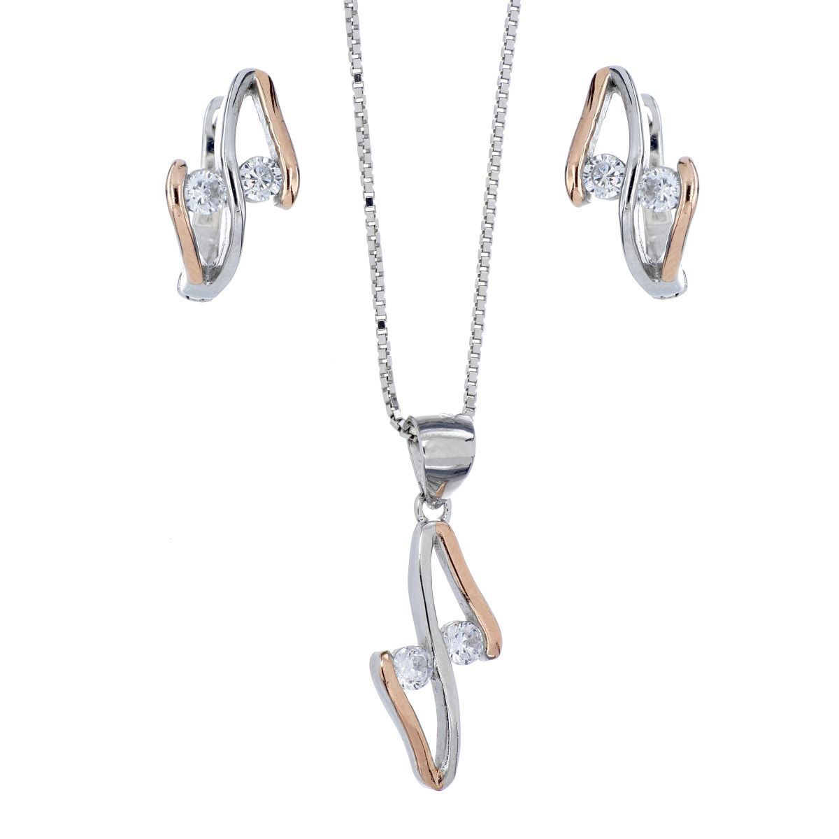 Set Arete+Dije+Cadena De Plata 925 Con Forma Geométrica Con Circonita Redonda Cristal, Cadena De 42 Cms Y Con Acabado En Rodio