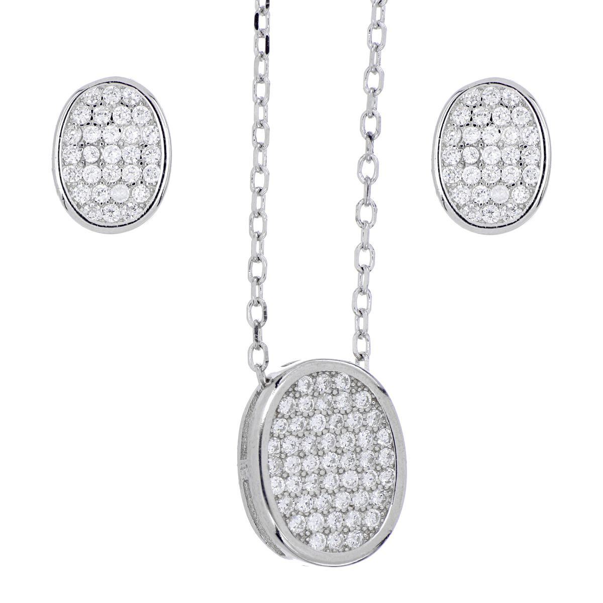 Set Arete+Dije+Cadena De Plata 925 Con Chatóncon Circonita Redonda Cristal, Cadena De 42 Cms Y Con Acabado En Rodio