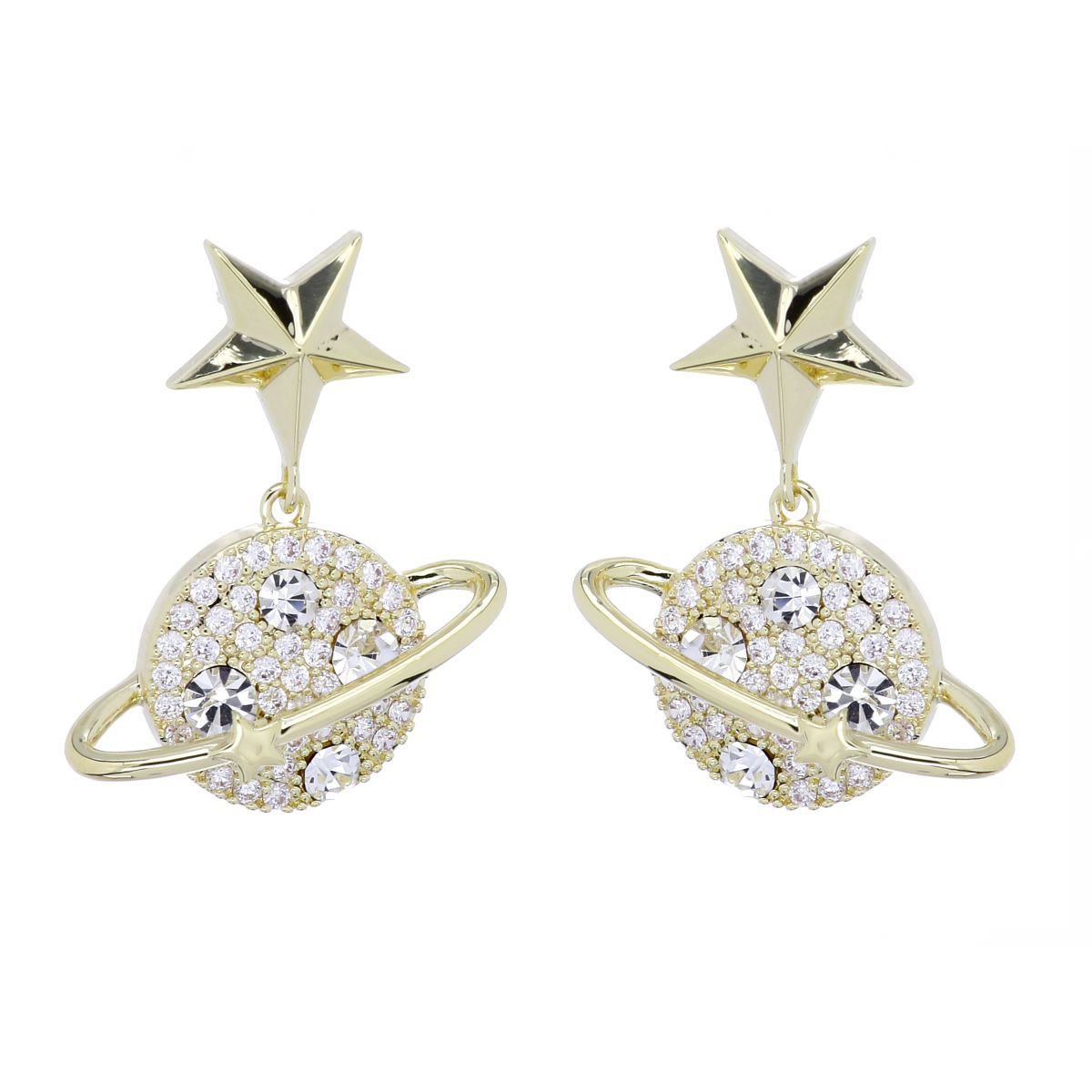 FB, arete planeta  con circonita blanca, con acabado en chapado oro