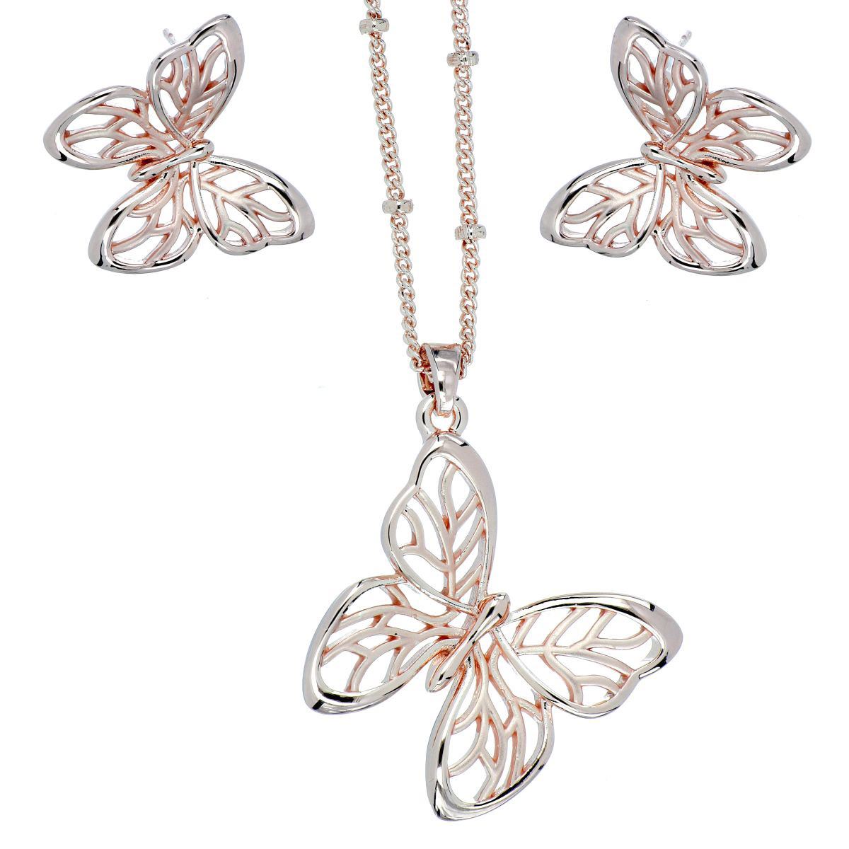 FB, juego de arete, dije, cadena de 42 cms+4cms de extensión mariposa, con acabado en chapado oro rosa