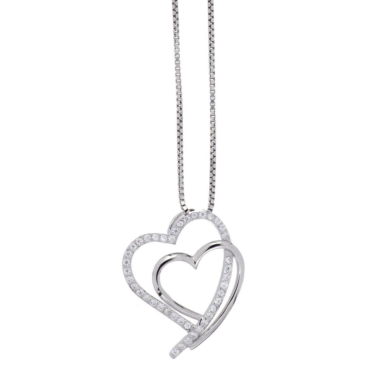 FB, Dije con cadena de plata 925 doble corazon tirabuzon con circonita blanca cristal, con cadena de 42 cms y  con acabado en rodio