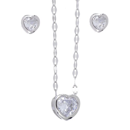 Set Arete dije cadena de plata 925 corazón con circonita blanca, con cadena de 42 cms y acabado en rodio