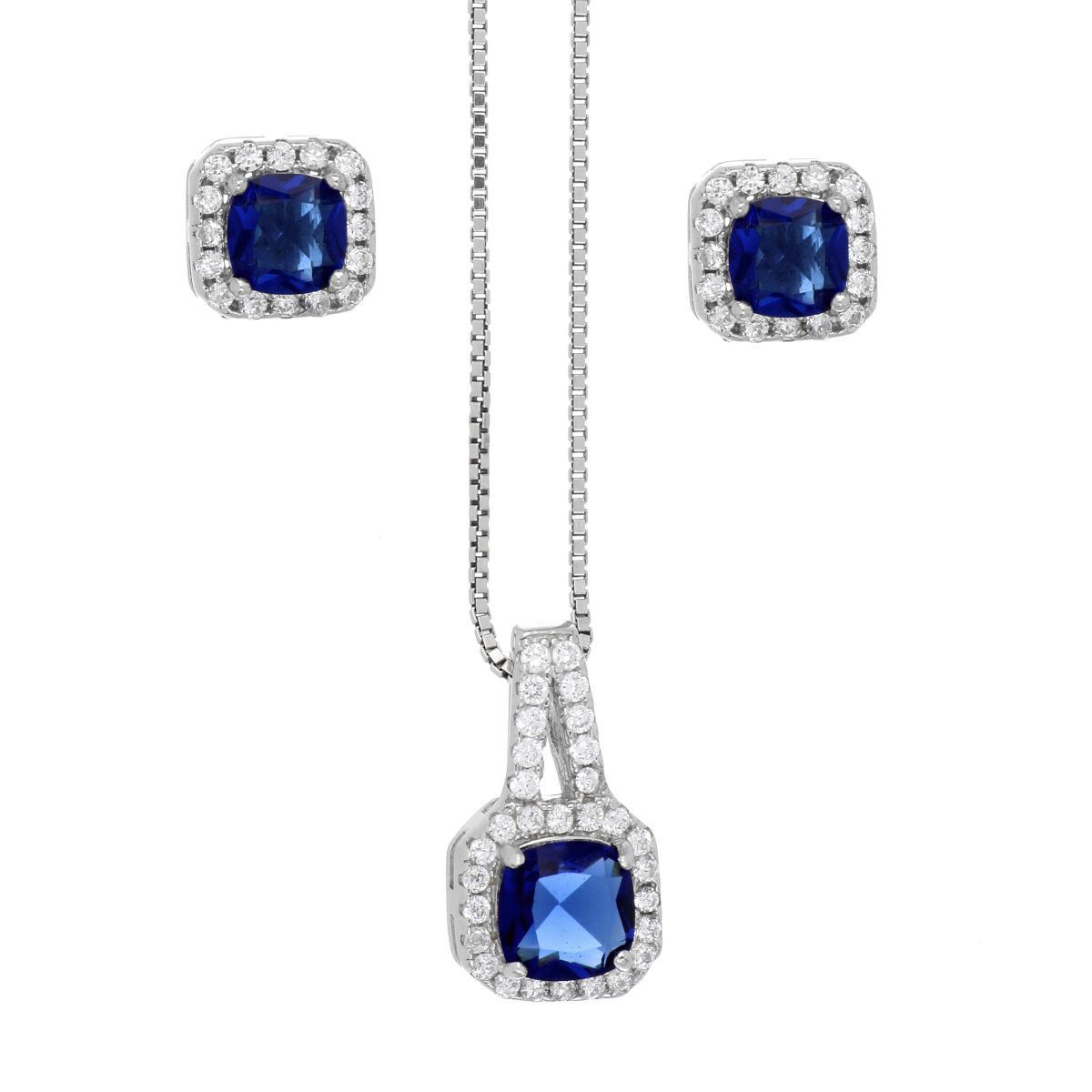 Set Arete dije cadena de plata 925 con circonita central sapphire, con cadena de 42 cms y acabado en rodio
