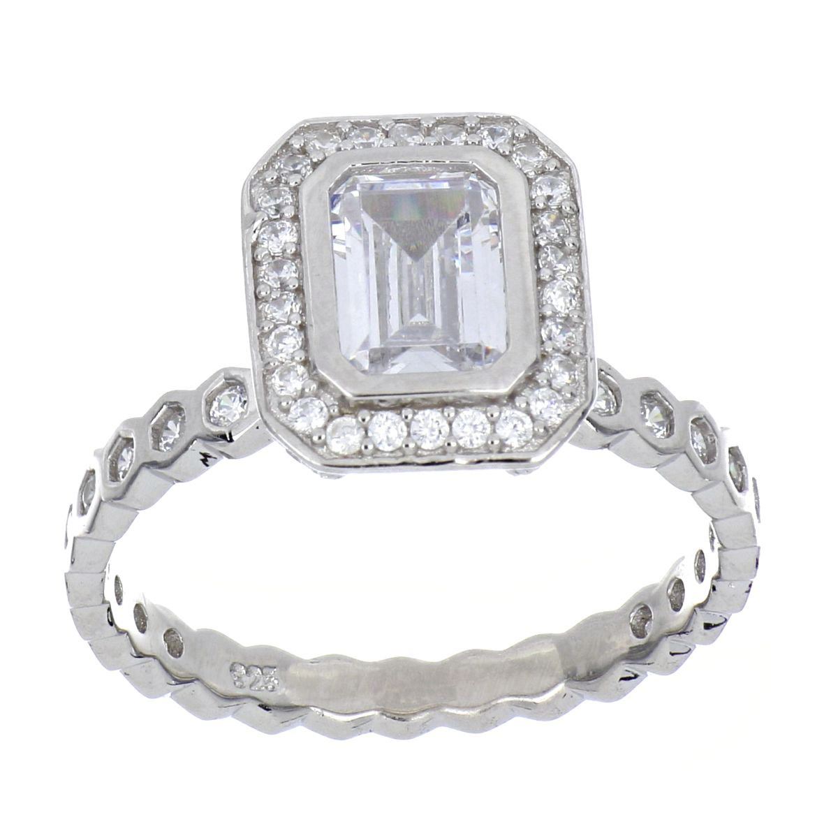 Anillo de plata 925 con circonita carre blanca, acabado en rodio