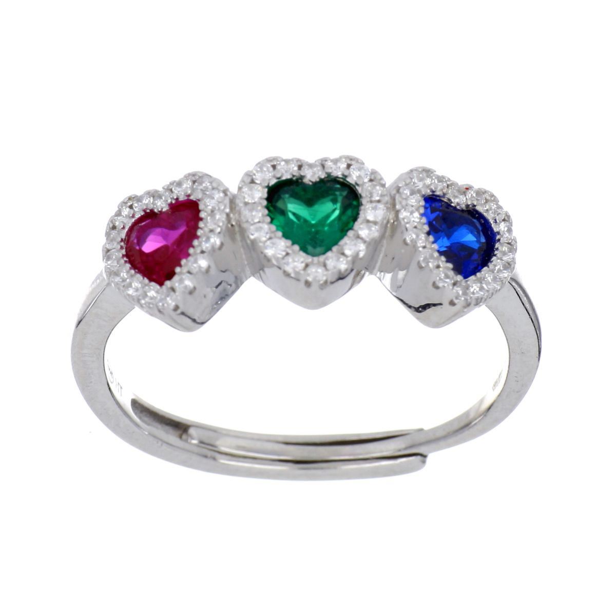 Anillo de plata 925 trio corazónes en ruby, sapphire y esmeralda con circonita blanca, acabado en rodio