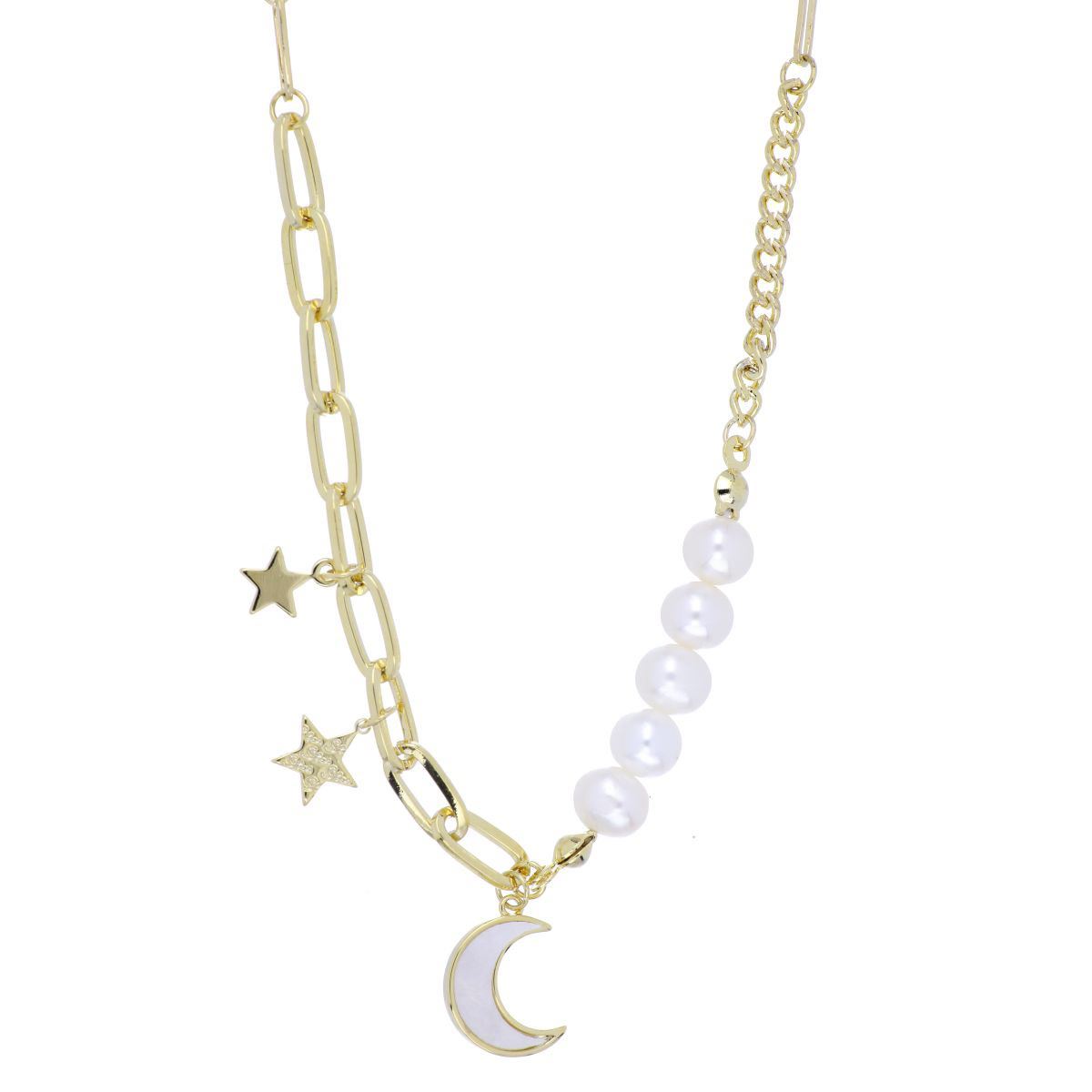 Gargantilla cadena con perlitas blancas con dije luna nacar blanco, con acabado chapado oro