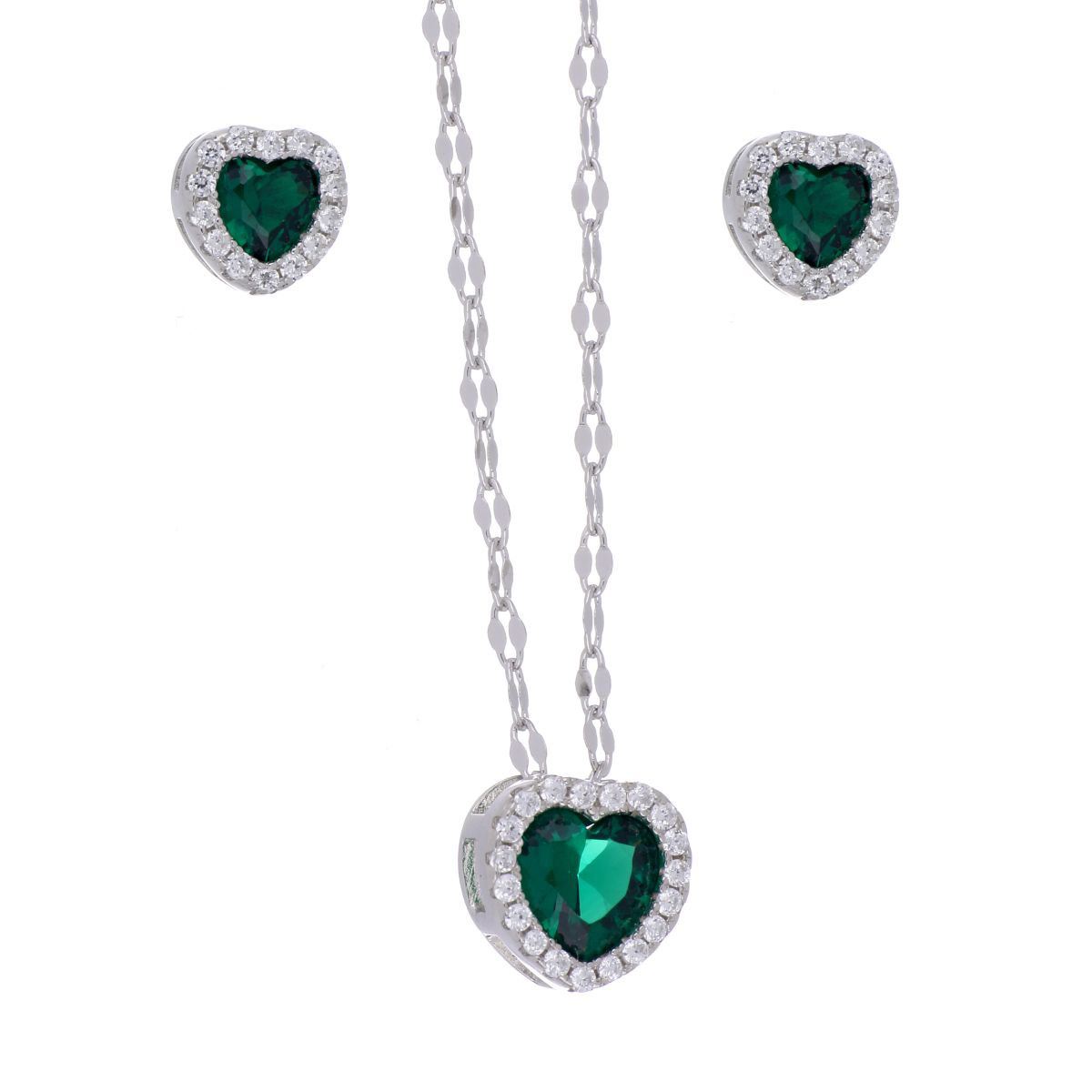 Set Aretes y Dije Cadena de Plata 925 Corazón con Circonita Esmeralda Farfalla Bonetti