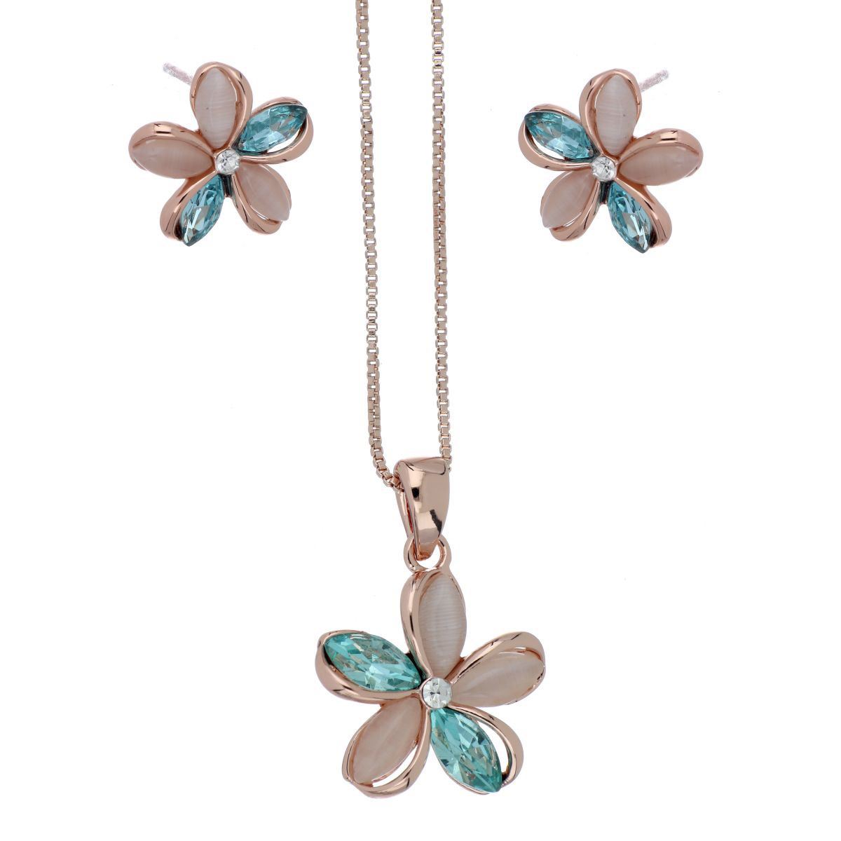 Juego Aretes y Dije Cadena Flor con Piedra Rosa y Aguamarina Camilla