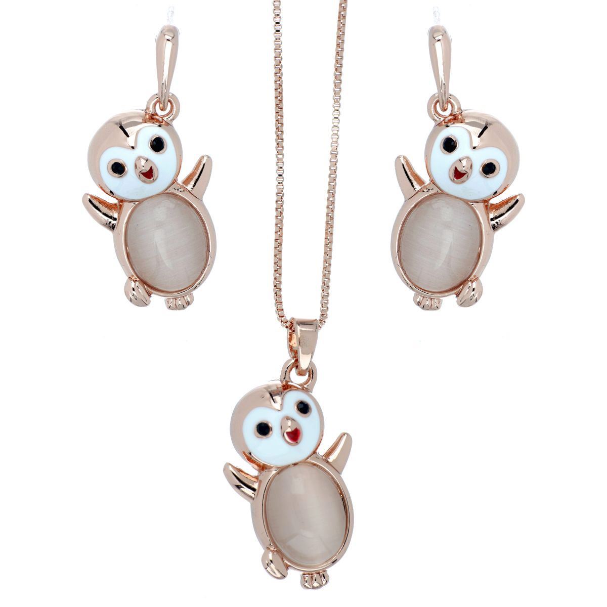 Juego Aretes+Dije+Cadena Pingüino Piedra Rosa Chapado Oro Rosa Camilla