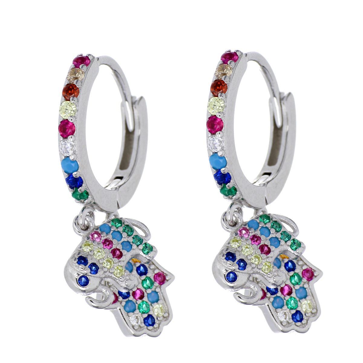 Aretes Plata .925 Mano Fátima y Elefante Acabado en Rodio Farfalla Bonetti Plata 925