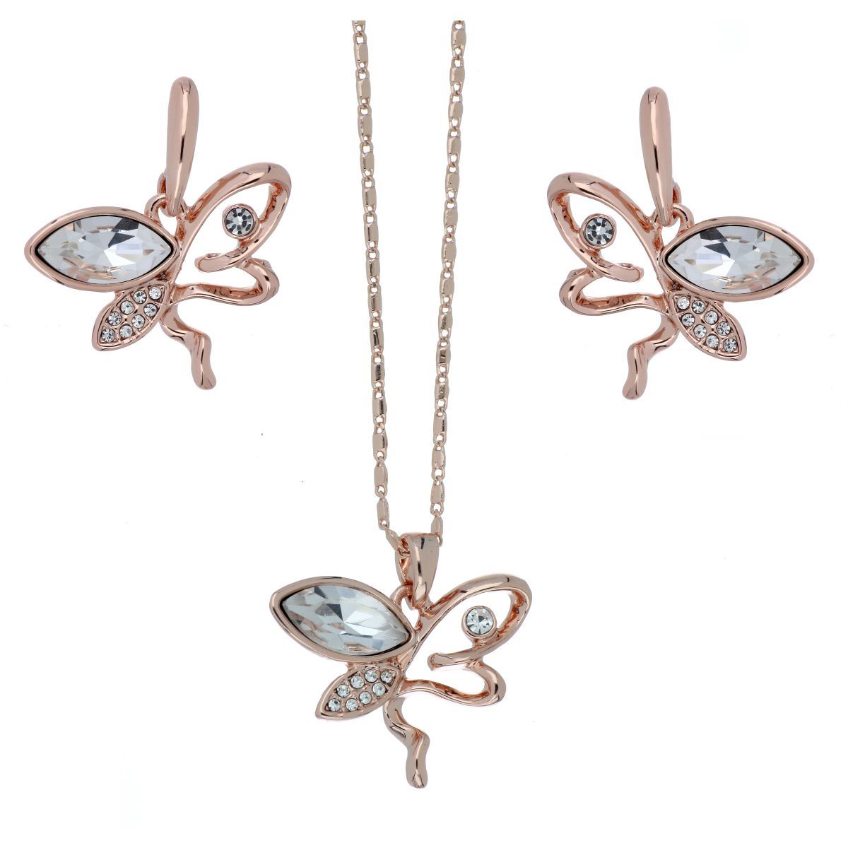 Juego Aretes, Dije y Cadena Mariposa con Piedra Blanca Chapado Oro Rosa Camilla