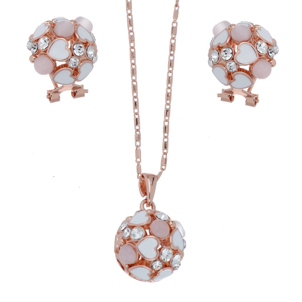 Juego Aretes, Dije y Cadena Bolita con Piedra Rosa y Corazón Chapado Oro Rosa Camilla