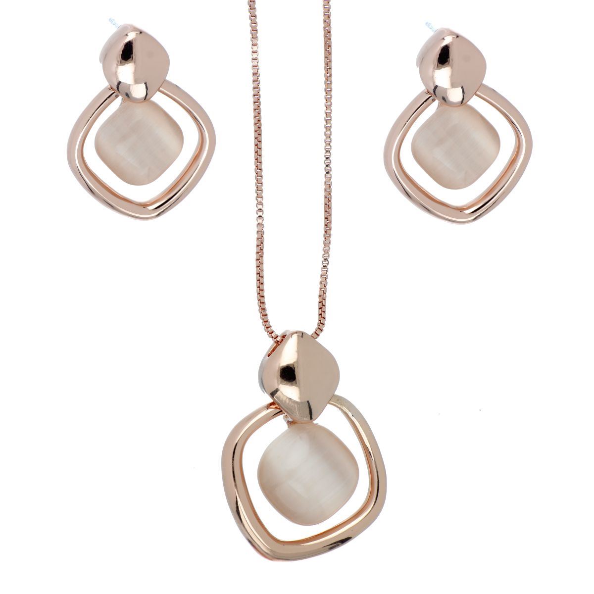 Juego Aretes, Dije y Cadena con Piedra Rosa Chapado Oro Rosa Camilla