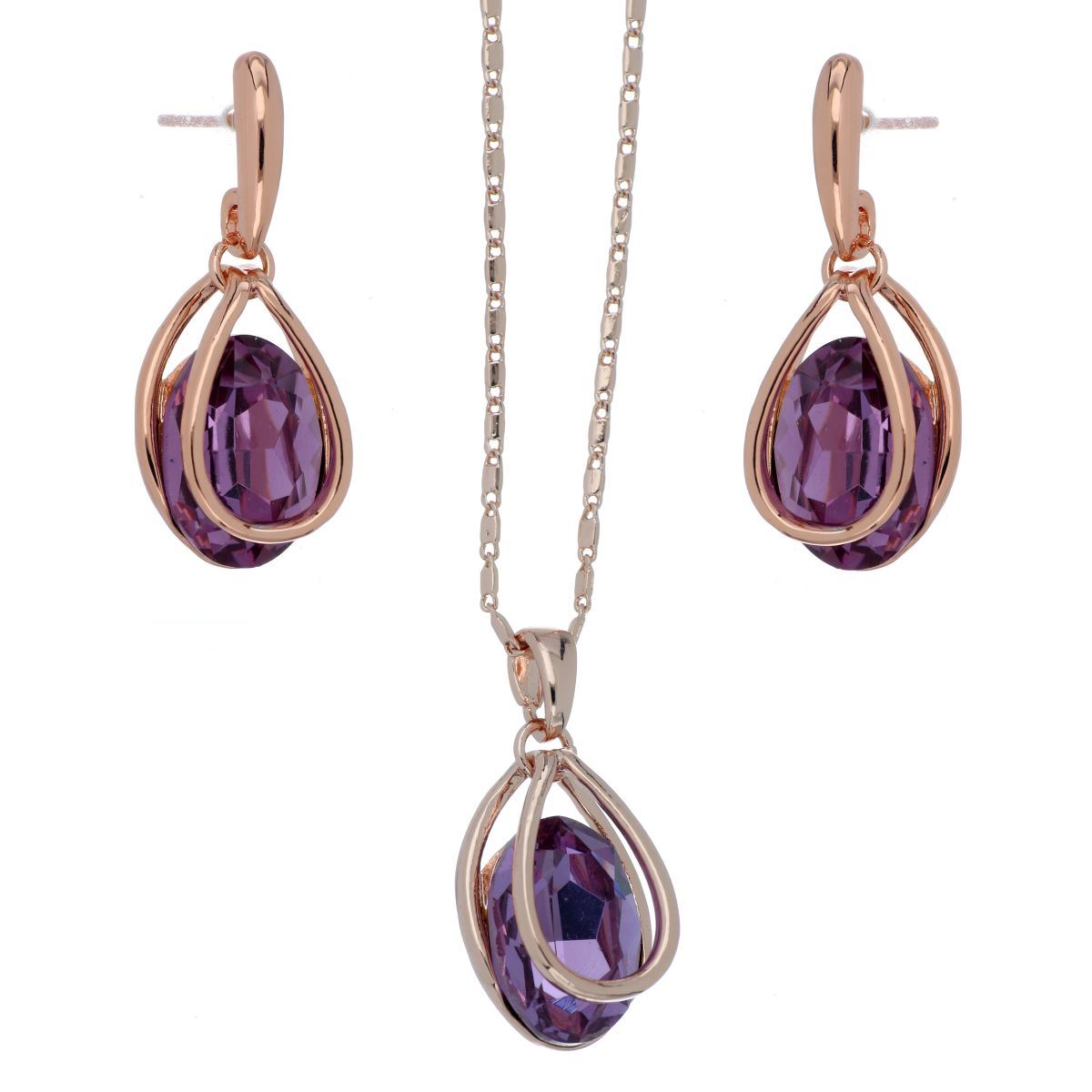 Juego Aretes, Dije y Cadena con Piedra Amatista Chapado Oro Rosa Camilla