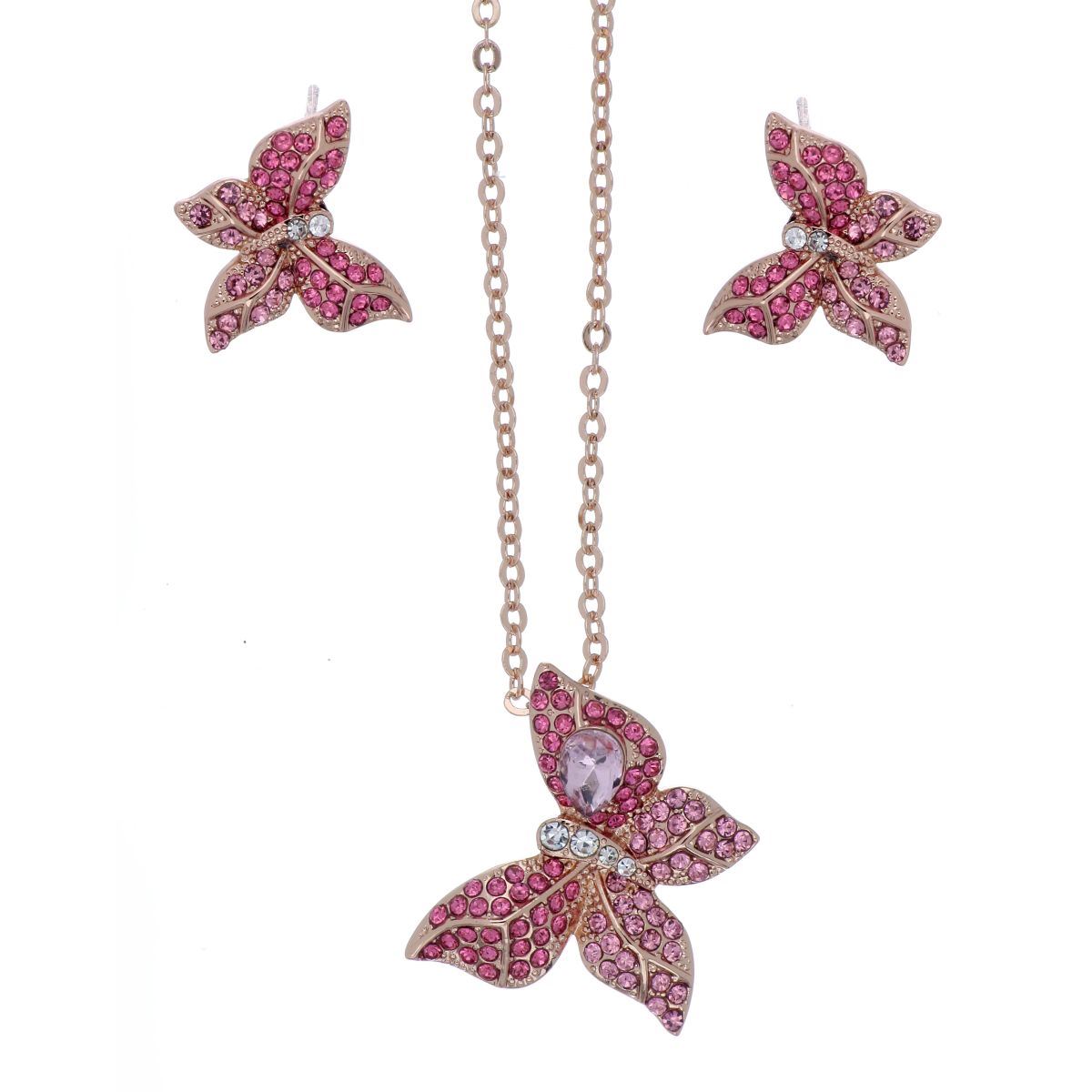 Juego Aretes, Dije y Cadena Gatito con Piedra Rosa Chapado Oro Rosa Camilla