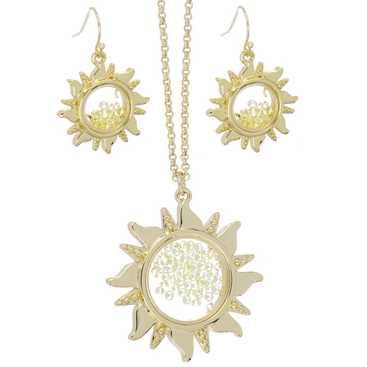 Juego Aretes, Dije y Cadena Sol Acabado Chapado Oro Coco Cherie