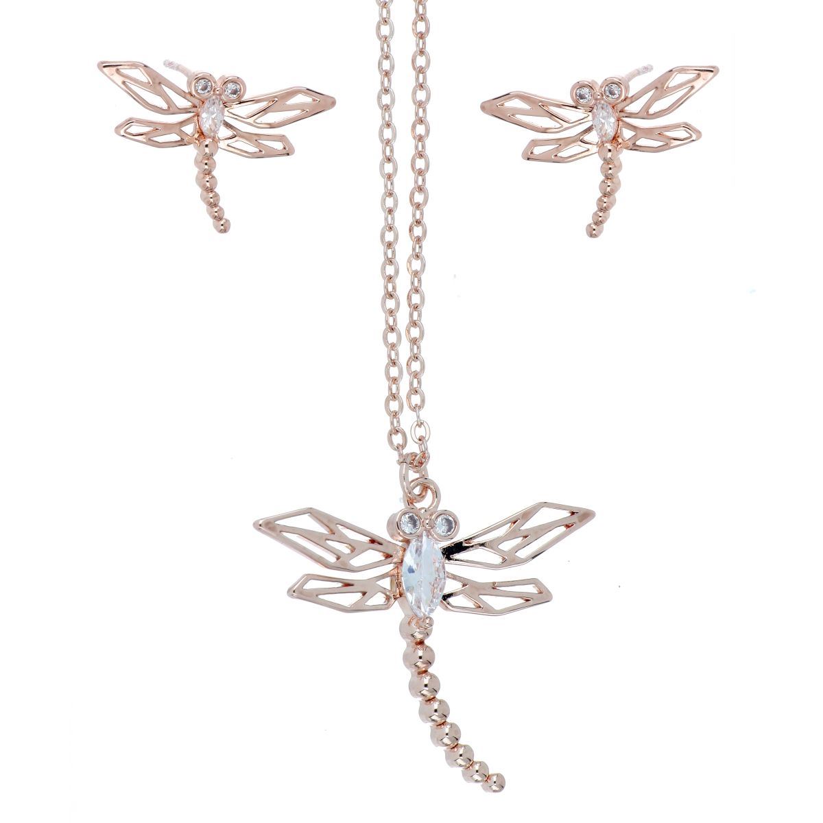 Juego Aretes, Dije y Cadena Libélula Chapado Oro Rosa Coco Cherie