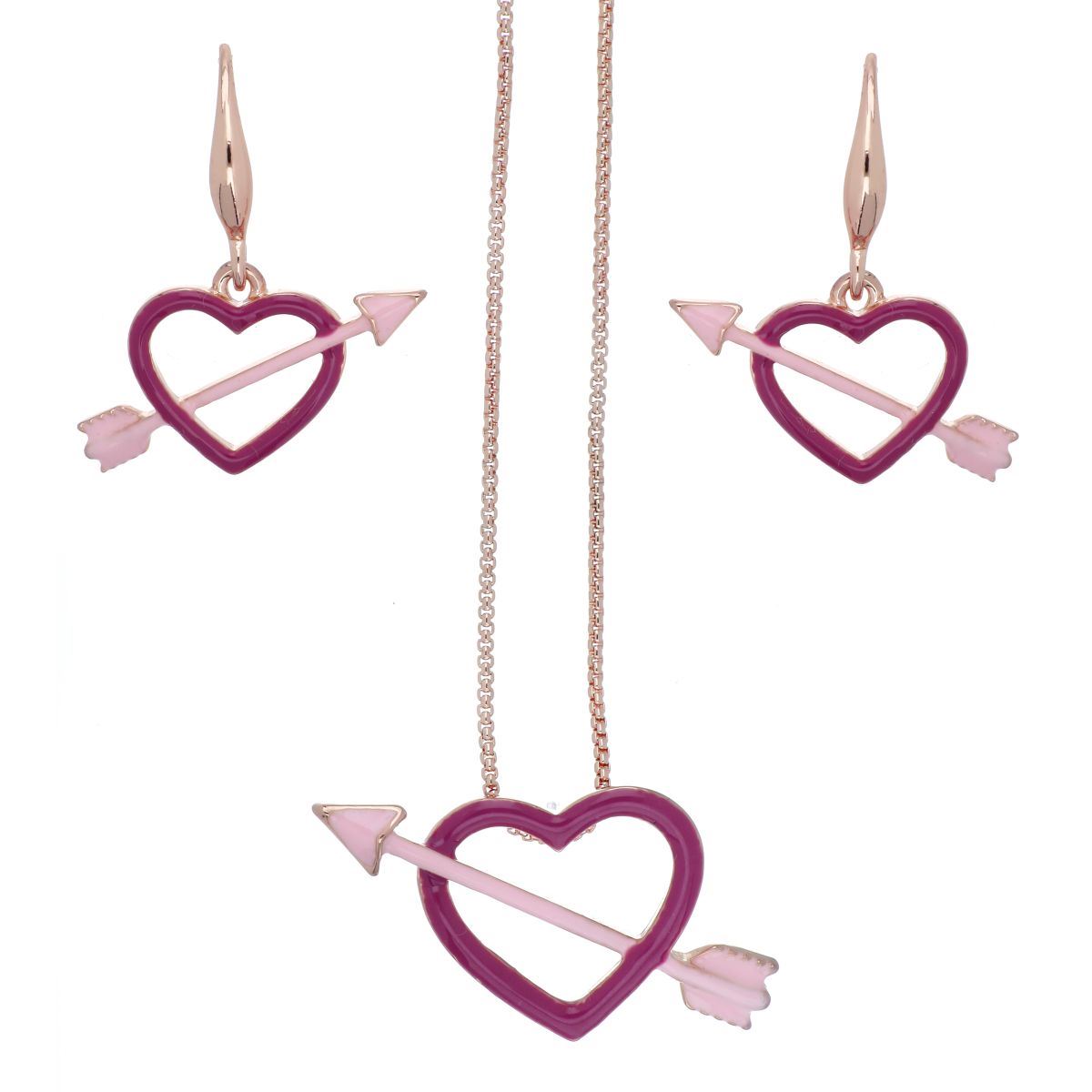 Set Arete+Dije+Cadena Corazón Flechado Acabado Chapado Oro Rosa Coco Cherie